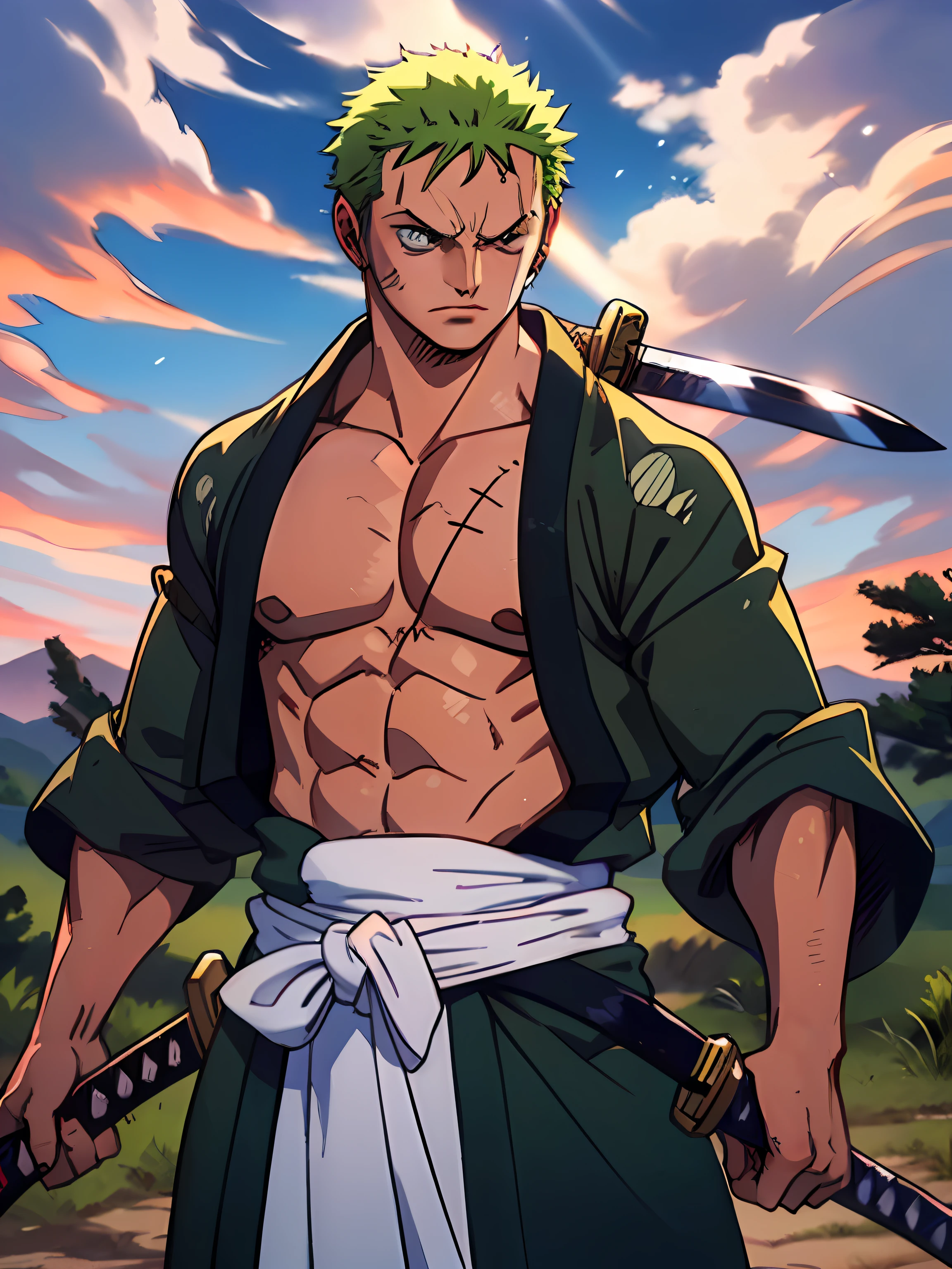 Roronoa Zoro (Masterpiece, 4k resolution, ultra-realistic, very detailed), (Theme of white samurai, charismatic, there is a swordsman next to a Japanese "isakaya" bar, wearing a blue kimono with cloud details on the "obi" track, he is commander of the first division of the leader of the mugiwara band, work "One Piece"), [ ((19 years), (short green hair:1.2),  full body, (blue eyes:1.2), ((Roronoa Zoro's pose), show of strength, unsheathing with one hand his katanas enma), ((Japanese rural environment):0.8)| (rural landscape, at dusk, dynamic lights), (blinded sun)), 1 katana]. # Explanation: Prompt mainly describes a 4k painting of ultra-high definition, very realistic, very detailed. It shows a swordsman, master of the Santoryu style of katanas, wearing a blue kimono with cloud details at the waist band. The subject in the painting is a subject of a white swordsman, holding with one hand his black katana enma, the male protagonist has short green hair, is 19 years old and his entire defined body is shown in the painting, with characteristics of pumped endomorph.