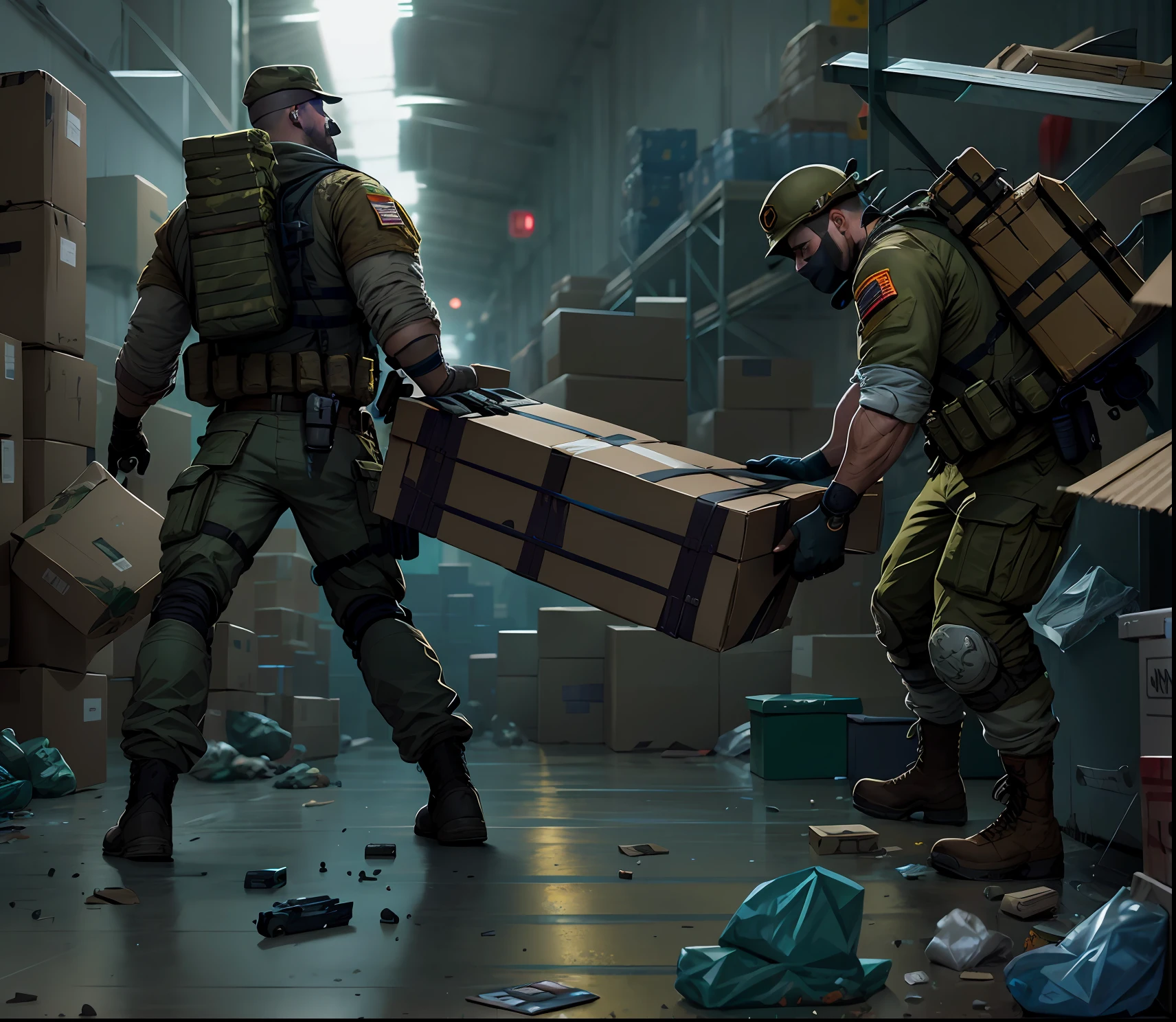 Soldiers carry cardboard boxes full of goods in warehouses,Realistic characters,3Drenderingof,GameCG,Film and television CG,detailed game art illustration, fps game concept art,Game illustration,rpg game art,Game concept art,clean concept art,combat scene,concept art for a video game,Game design concept art