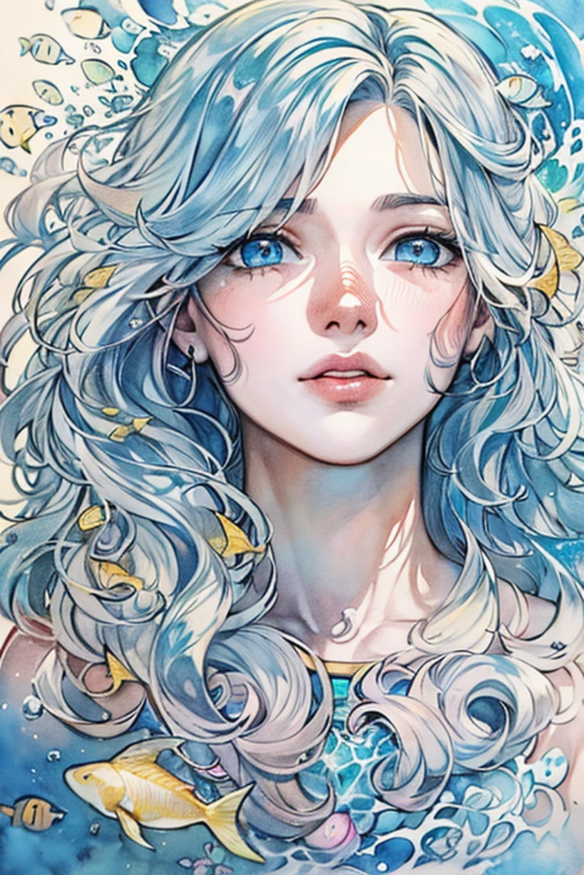 (highres, best quality:1.2), radiance, soft contours, beautiful drawing, concept art, detailed background, bright colors,
1girl, (8k, best quality, masterpiece:1.2),(best quality:1.0), (ultra highres:1.0), watercolor, 1girl, long wavy hair, (blue hair, blue eyes, long wavy hair, queen of the underwater world, (blue beige color scheme), by agnes cecile, half body portrait, extremely luminous bright design, pastel colors, (ink:1.3), traditional media, watercolor \(medium), watercolor background, lineart,