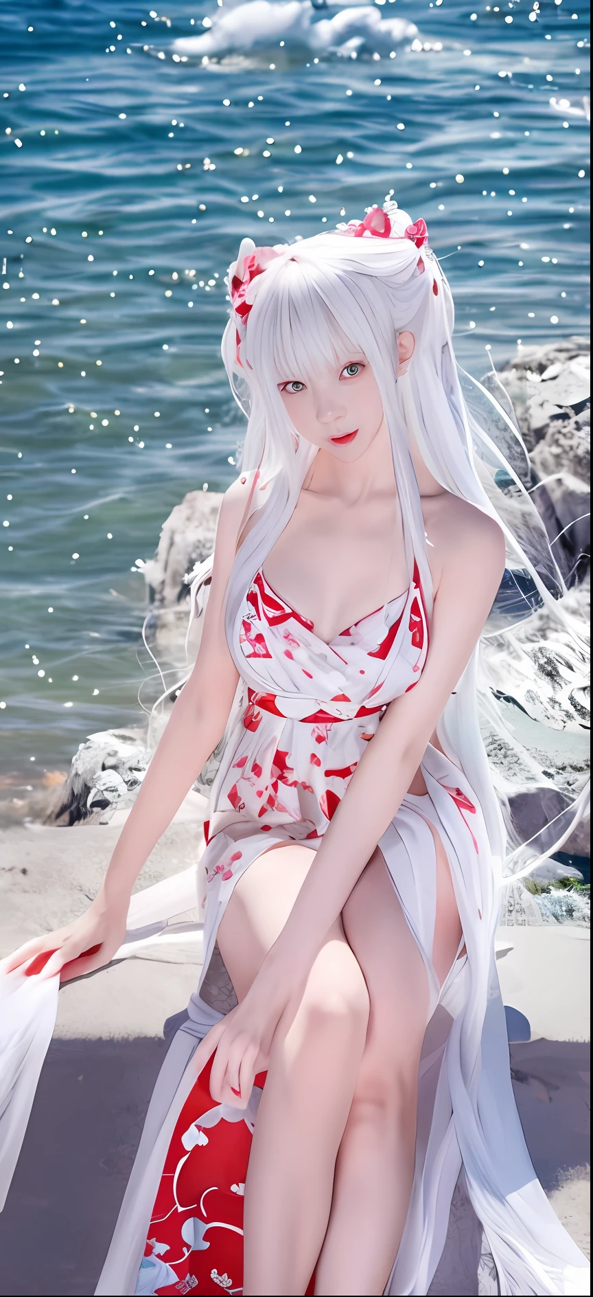 Anime girl in white hair red and white dress on the beach, Extremely detailed Artgerm, seductive anime girls, Detailed digital anime art, White-haired god, Art germ. High detail, swimsuit, clean and meticulous anime art, azur lane style, beautiful and seductive anime woman, Art germ. anime illustration, Detailed anime artwork, detailed anime art