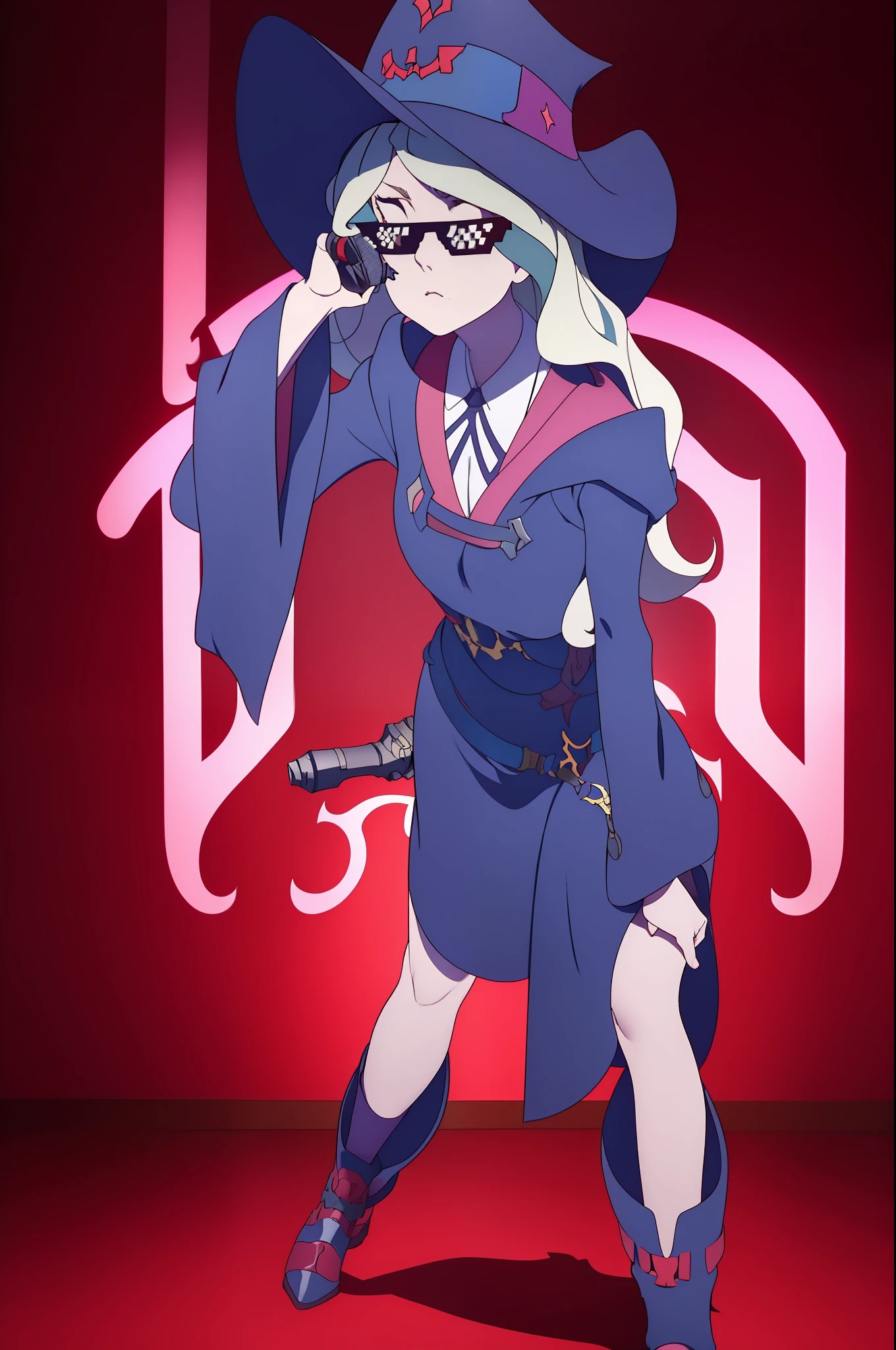 "A solo hip hop gangtsa shot featuring DianaCavendish, long hair, DianaCavendishBase, blue robe, boots, collared shirt, long sleeves, wide sleeves, witch hat showcasing her skill as a rapper.. badass on the mic spitting sick ass bars yo !" DealWithIt