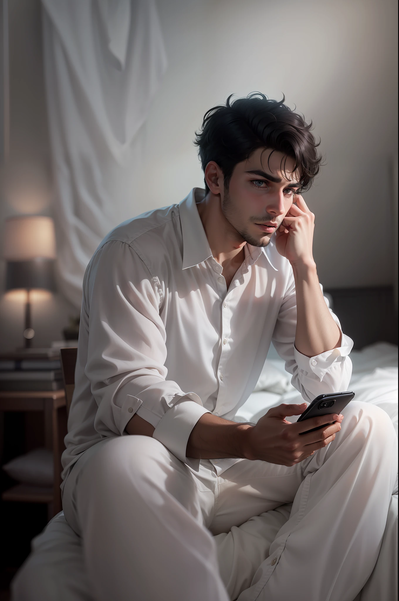Ultra realistic image of a 25 year old man, short black hair, dressed in a plain white blouse, sitting on bed, talking on cell phone, scared expression, night