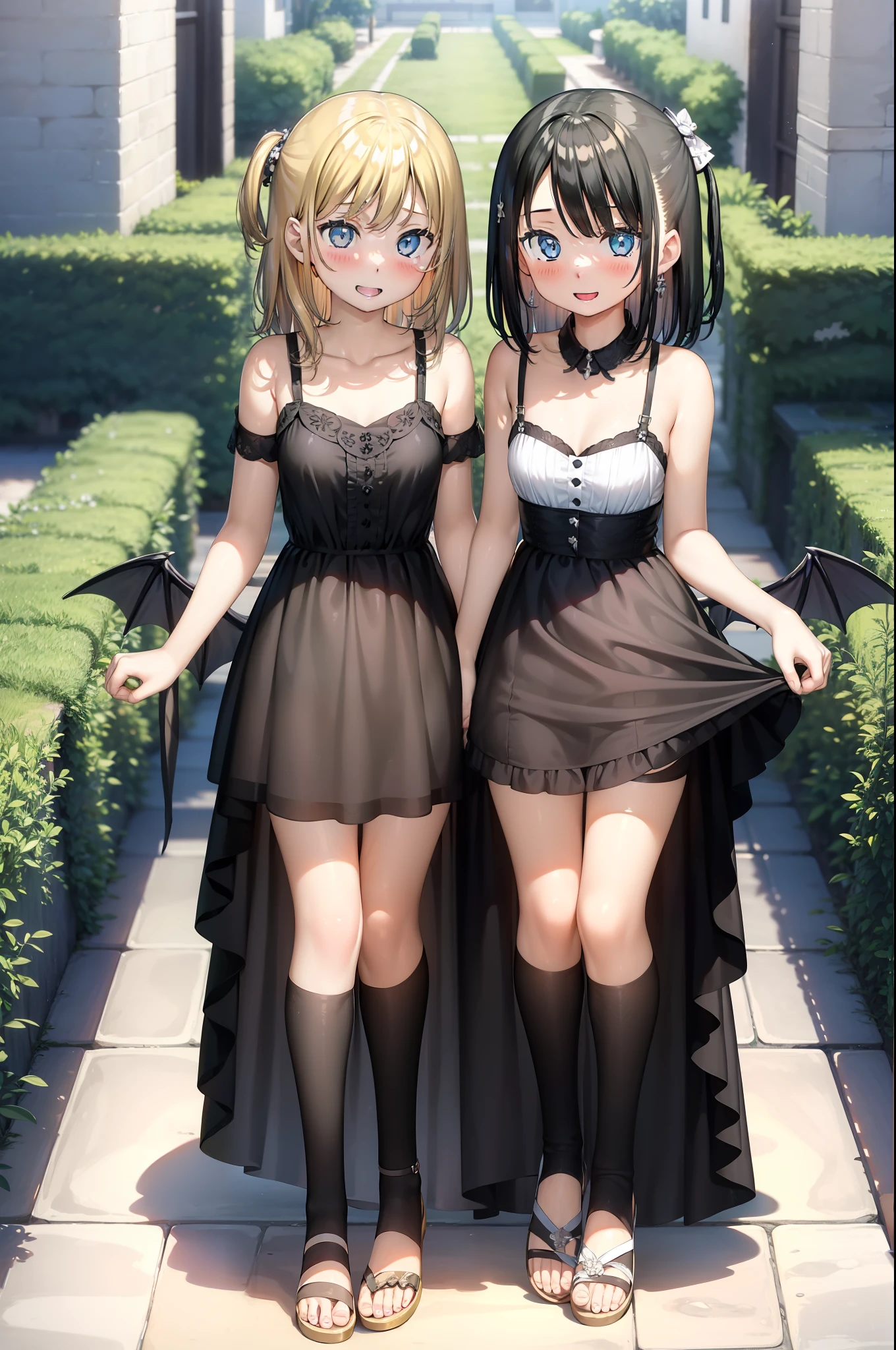 long hair, breasts, looking at viewer, blush, smile, short hair, open mouth, blue eyes, multiple girls, blonde hair, simple background, black hair, hair ornament, white background, dress, bow, 2girls, bare shoulders, green eyes, full body, :d, hair bow, hairband, small breasts, wings, hairclip, :o, black dress, holding hands, one side up, sandals, bat wings, interlocked fingers, demon wings, masterpiece, best quality, highly detailed