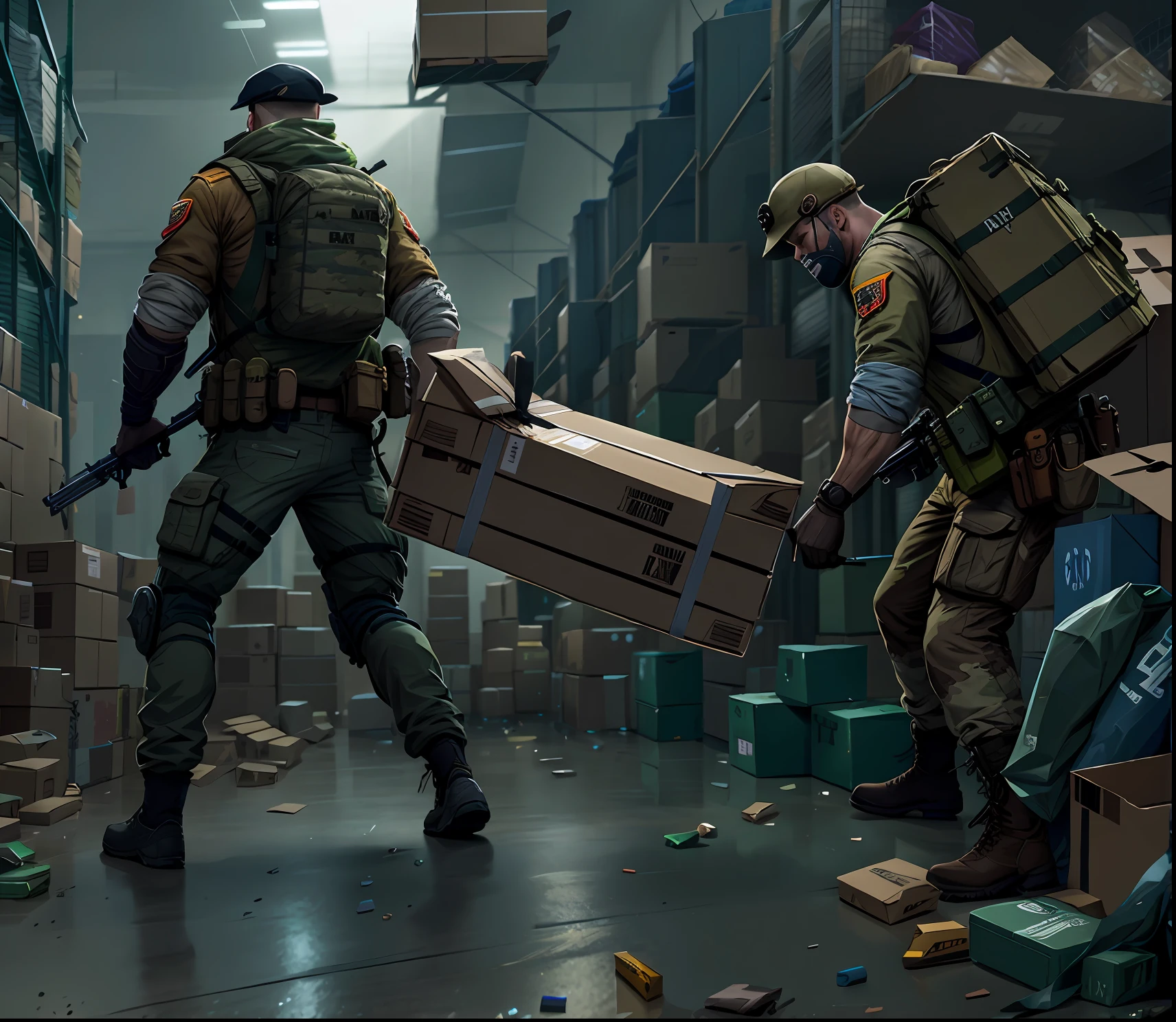 Soldiers carry cardboard boxes full of goods in warehouses,Realistic characters,3Drenderingof,GameCG,Film and television CG,detailed game art illustration, fps game concept art,Game illustration,rpg game art,Game concept art,clean concept art,combat scene,concept art for a video game,Game design concept art