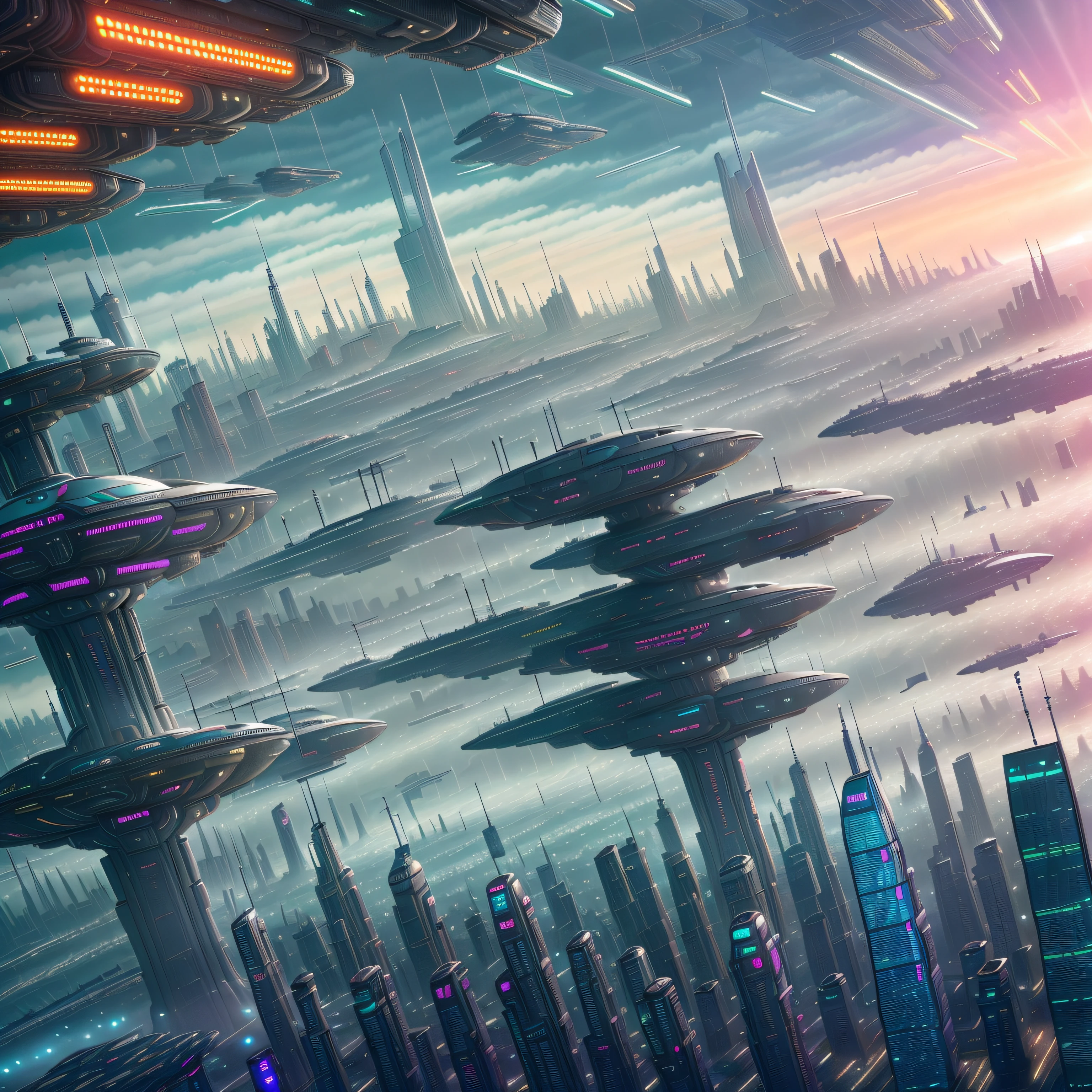 futuristic city with a lot of tall buildings and a train, in fantasy sci - fi city, parked spaceships, sci - fi city, busy cyberpunk metropolis, futuristic dystopian city, detailed sci-fi art, sci fi city, futuristic cyberpunk city, futuristic city scape, big and structured valhalla city, science fiction city, futuristic city, dystopian cyberpunk city, intricate cyberpunk city