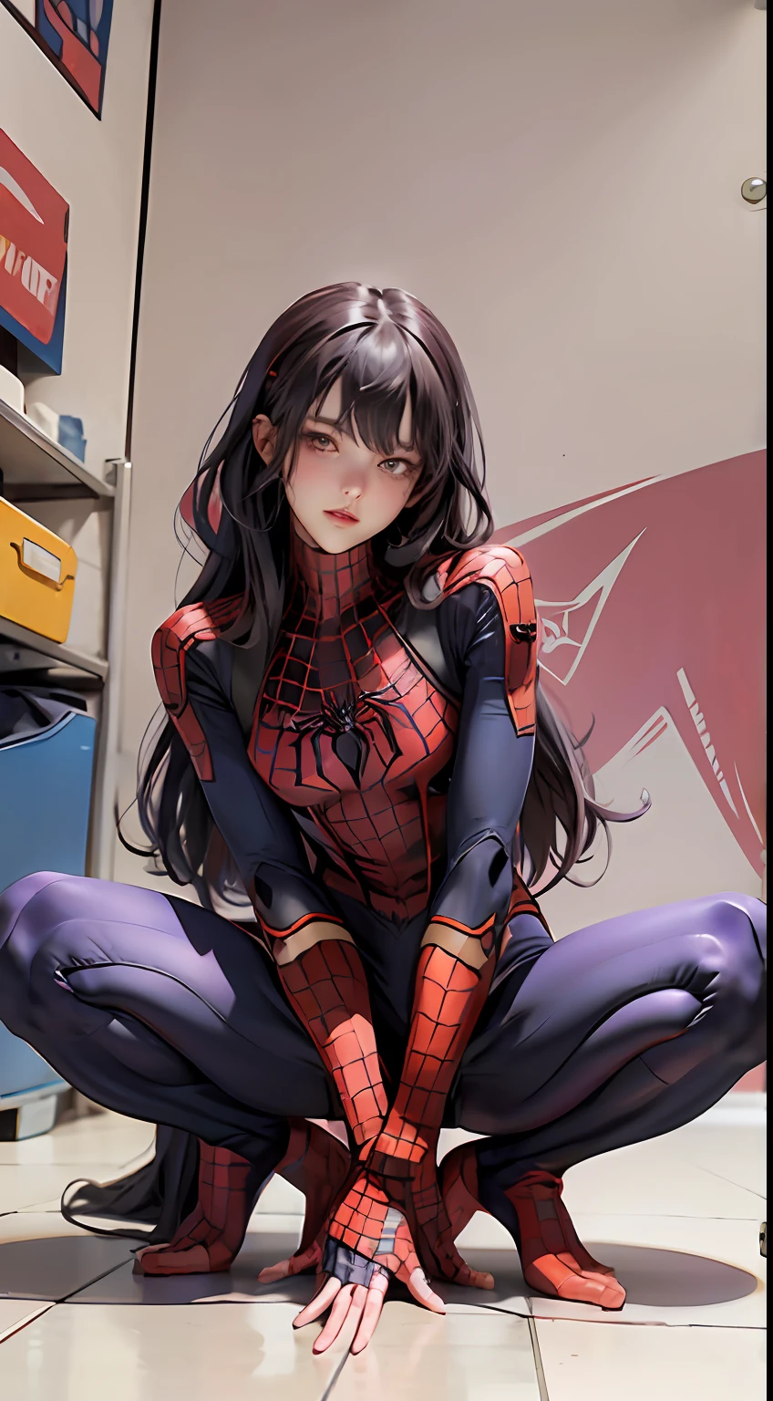 Stylish young female version of Spider-Man,gwyn,Ultra-thin tights in a red and purple color scheme,Spider vector logo on chest,Long colored hair,adolable,Seductive pose,The barefoot,perfect bodies,Suspenders,No shoes,Toes,Spider-Man cosplay,Spider cuirass covered,spiderman outfit,Detailed spider silhouette body with Spider-Man roleplay,Cute purple slim-fit leggings,There are also Gundam wallpapers on the wall,