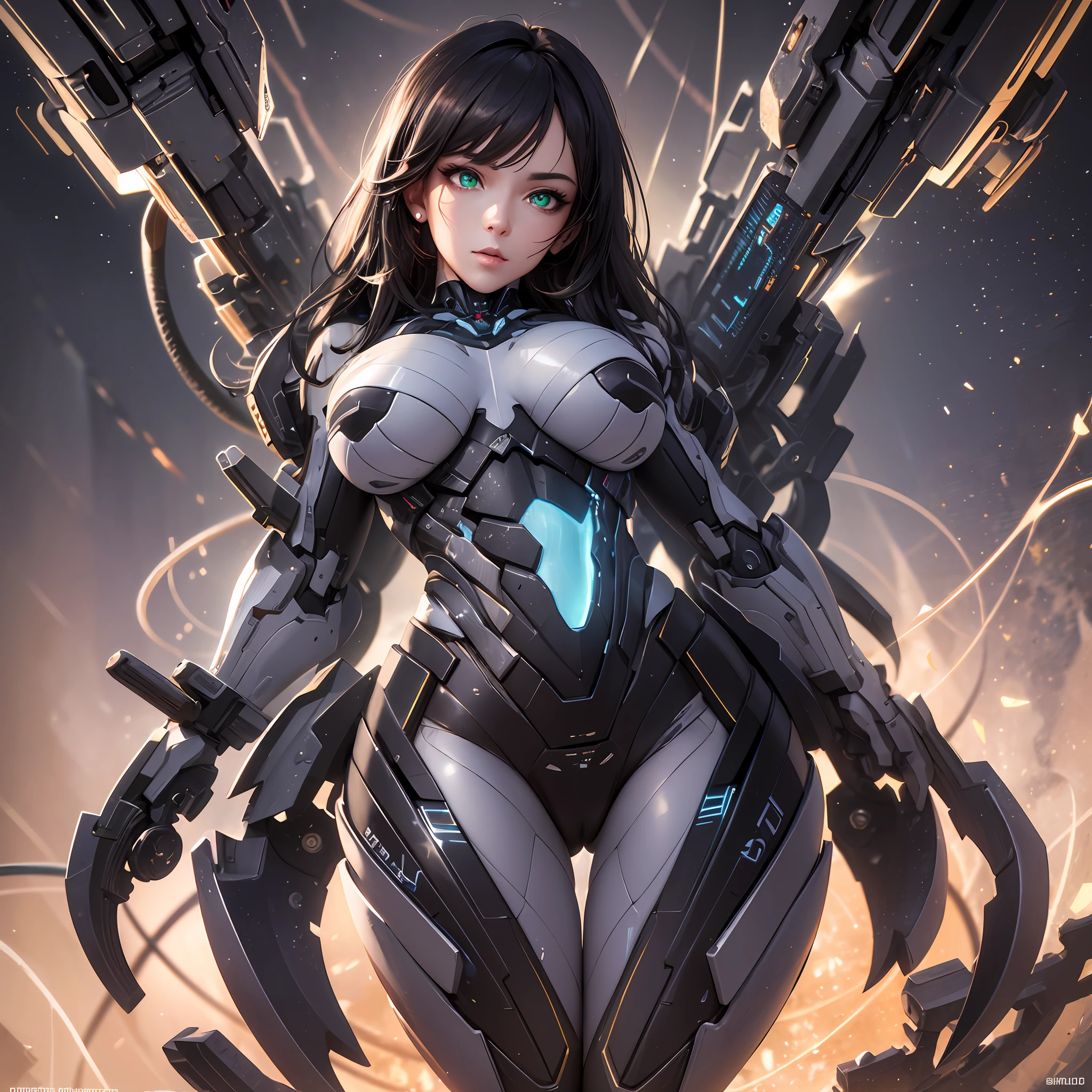 (Highres), 4K, 8K, Detailed Illustration, Ultra-Detailed, Ambient Light, Backlighting, Realistic Shadows, Glowing Particles, Digital Art, Detailed Face, Detailed Hair, Hyper-Detailed Eyes, Soft Light, Soft Lighting, mature face, milf, huge hips, full body, full body portrait, highly detailed face, Mecha, cosmic body, aura, metallic Articulation, dark hair ,glowing veins, steaming_body, glowing aura, green eyes, dark room full of cables, dark studio