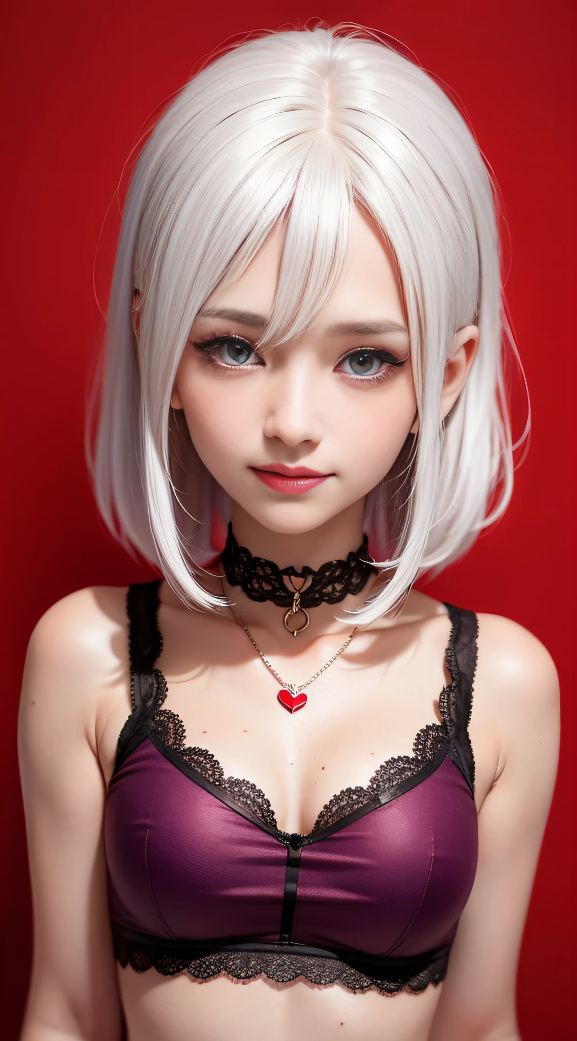 1girll, Heart-shaped pupils, finger nails, White hair, Purple eyes, (Blush:1.1), choker necklace, Upper body, Trembling, Sweat, drops of sweat, Heart, (Medium breasts:0.6), Love, Heart, Crop top, cheerfulness, Smile, Lace, Bokeh, (freckle:0.8), Natural skin texture, Portrait, (Red_Background:1.3),