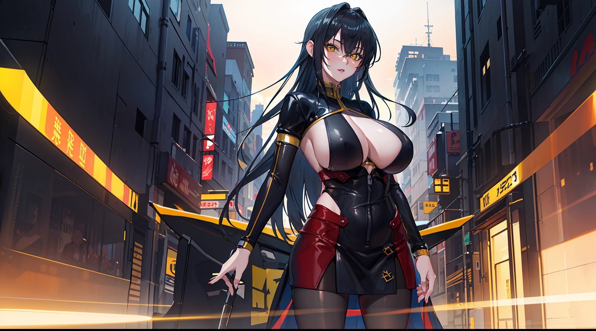 professional artwork, Intricate Details, field of view, sharp focus, detailed painting, photorealistic lighting, trending on pixiv, Standing at attention, black outfit ,yellow collared shirt,black and red bodysuit,skin_tight,black legwear, black pantyhose, Side_boob, black hair,very long hair, Bangs,yellow eyes,makeup, lipstick, 20yo,mature female,Beautiful Finger,Beautiful long legs,Beautiful body,Beautiful Nose,Beautiful character design, perfect eyes, perfect face, looking at viewer,official art,extremely detailed CG unreal engine 8k wallpaper, perfect lighting,Colorful, Bright_Front_face_Lighting, (masterpiece:1.0),(best_quality:1.0), ultra high res,4K,ultra-detailed, photography, 8K, HDR, highres, absurdres:1.2, Kodak portra 400, film grain, blurry background, (Beautiful,large_Breasts:1.4), (beautiful_face:1.5),(narrow_waist), (solo:1.4), ((landscape dimension)), rich detailed makeup, rich detailed eyeshadow, rich detailed lips, rich detailed lipstick