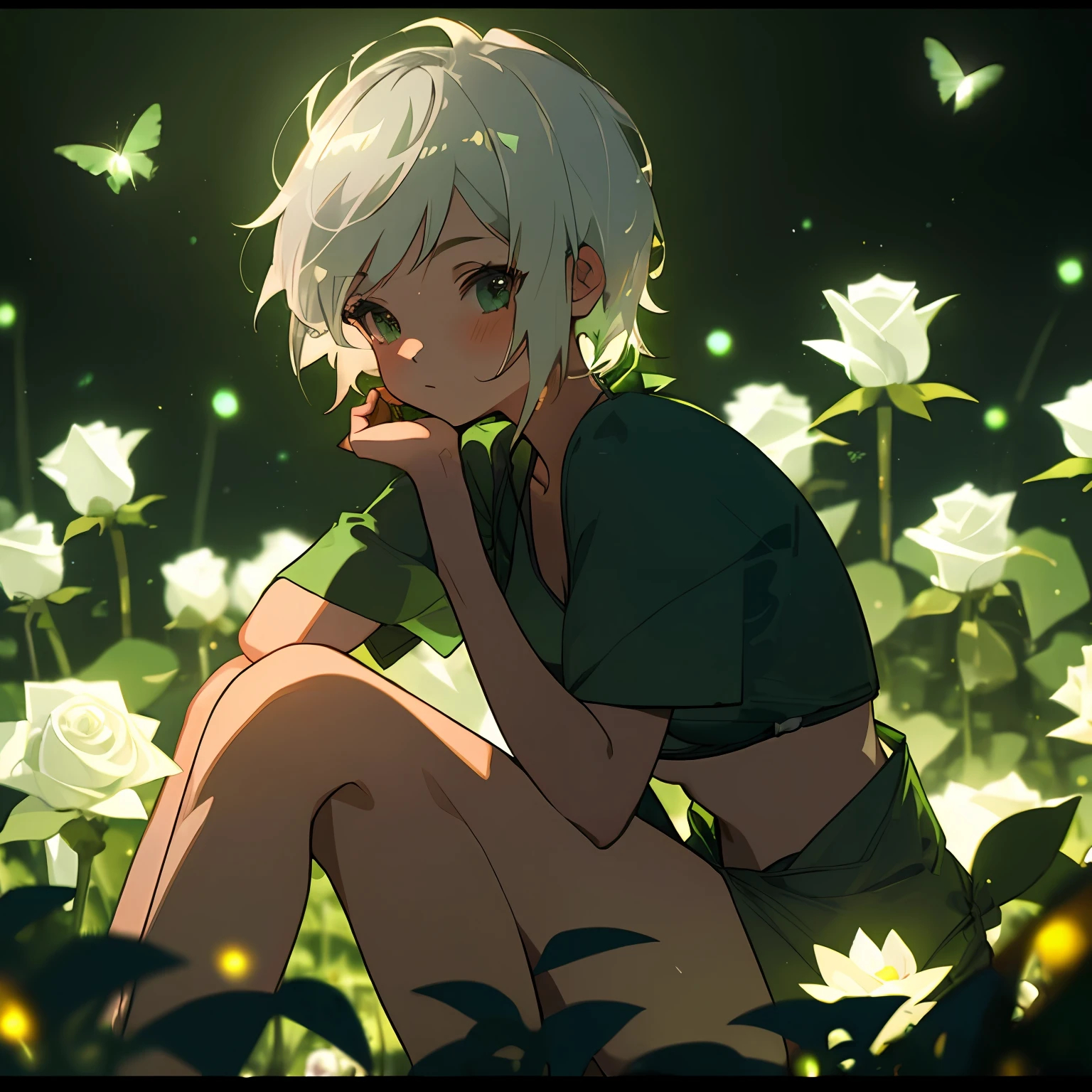 (masterpiece, best quality),1girl with short white hair sitting in a field of green plants and roses, her hand under her chin, night time, fireflies, blurry foreground, 8k, white bikinis