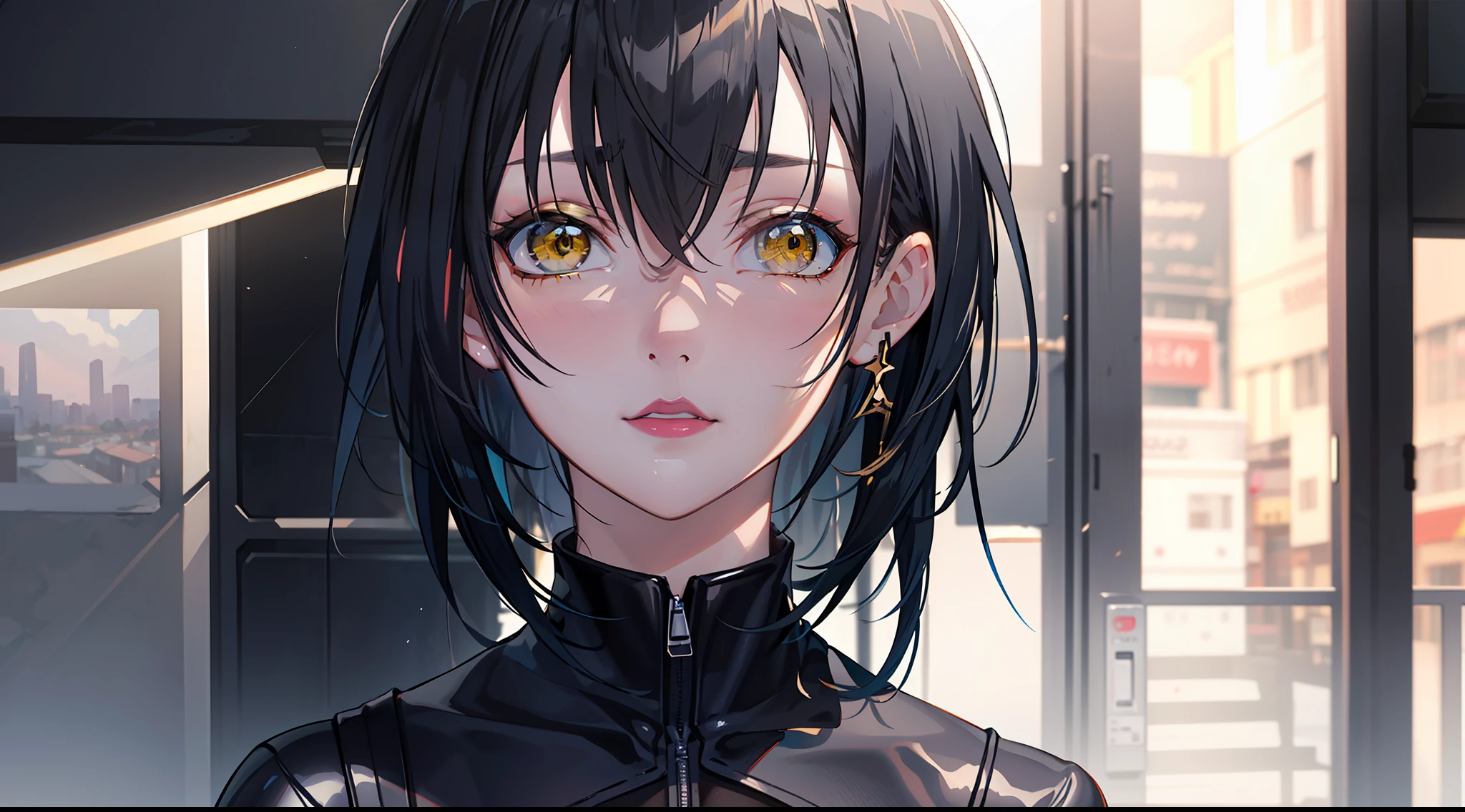 professional artwork, Intricate Details, field of view, sharp focus, detailed painting, photorealistic lighting, trending on pixiv, Standing at attention, black outfit ,yellow collared shirt,black and red bodysuit,skin_tight,black legwear, black hose, Side_boob,ck hair,very long hair, Bangs,yellow eyes,makeup, lipstick, 20yo,mature feeautiful Finger,Beautiful long legs,Beautiful body,Beautiful Nose,Beautiful character design, perfect eyes, perfect face, looking at viewer,official art,extremely detailed CG unreal engine 8k wallpaper, perfect lighting,Colorful, Bright_Front_face_Lighting, (masterpiece:1.0),(best_quality:1.0), ultra high res,4K,ultra-detailed, photography, 8K, HDR, highres, absurdres:1.2, Kodak portra 400, film grain, blurry background, (Beautiful,large_Breasts:1.4), (ul_face:1.5),(narrow_waist), (solo:1.4), ((landscape dimension)), rich detailed makeup, rich detailed eyeshadow, rich detailed lips, rich detailed lipstick