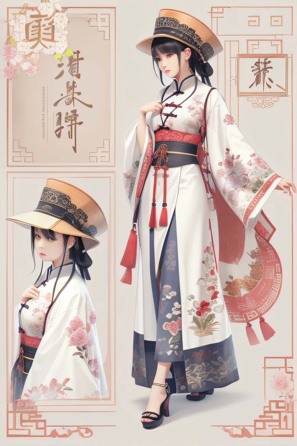 (China - chic Chinese cute girl,anatomy correct,stylish hat,Oriental elements),(China - Fashion illustration:1.5,Vector painting:1.5),(Chinese colors,senior color matching,gradient backgrounds,white backgrounid),(The is very detailed,reasonable design,Clear lines,High- sharpness,best qualtiy,tmasterpiece,offcial art,movie light effect,4K)