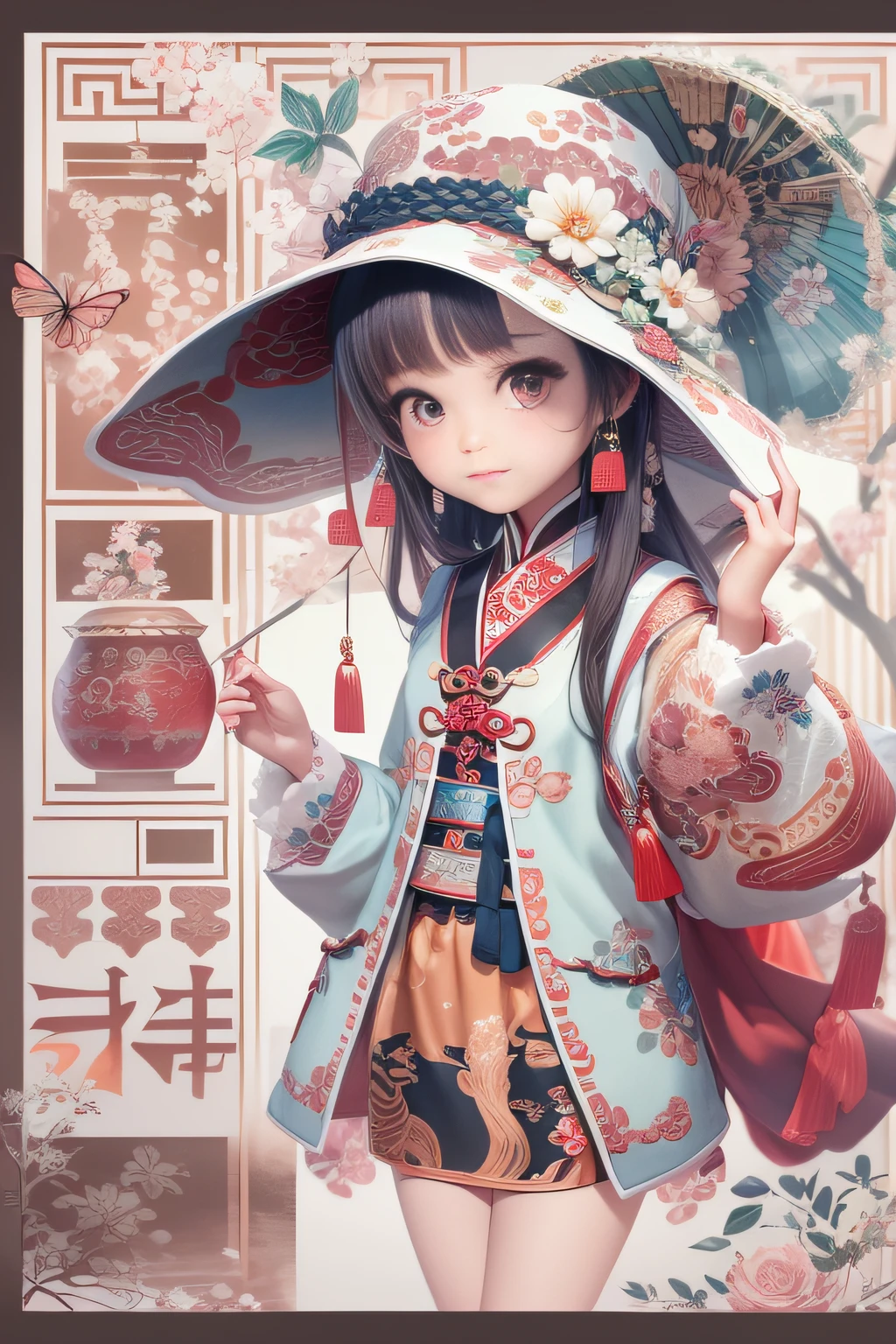 (China - chic Chinese cute girl,anatomy correct,stylish hat,Oriental elements),(China - Fashion illustration:1.5,Vector painting:1.5),(Chinese colors,senior color matching,gradient backgrounds,white backgrounid),(The is very detailed,reasonable design,Clear lines,High- sharpness,best qualtiy,tmasterpiece,offcial art,movie light effect,4K)