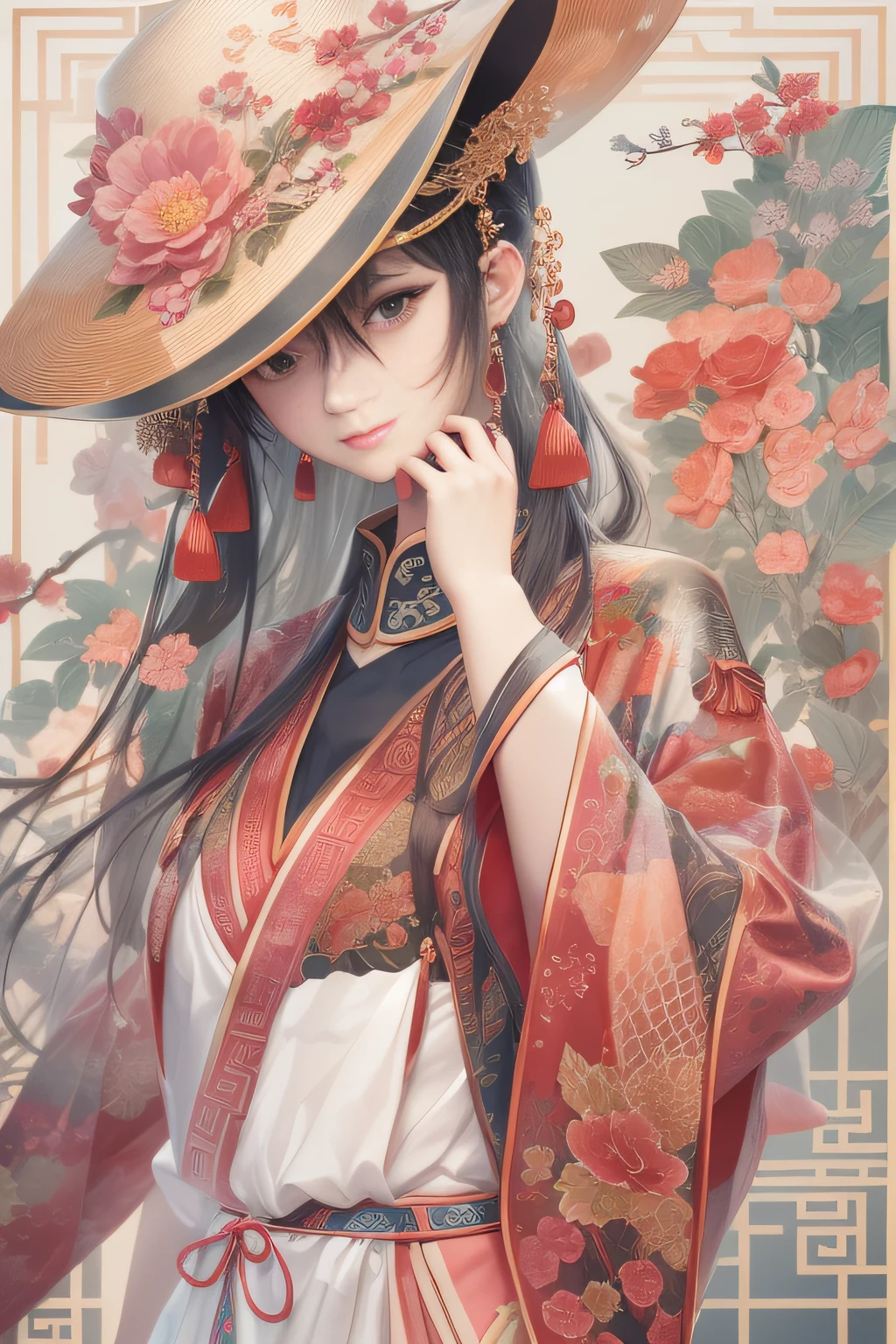 （China - chic Chinese cute girl，??????? correct，stylish hat，Oriental elements），（China - Fashion illustration：1.5，Vector painting：1.5），（Chinese colors，senior color matching，gradient backgrounds，white backgrounid），（The is very detailed，reasonable design，Clear lines，High- sharpness，best qualtiy，tmasterpiece，offcial art，movie light effect，4K）