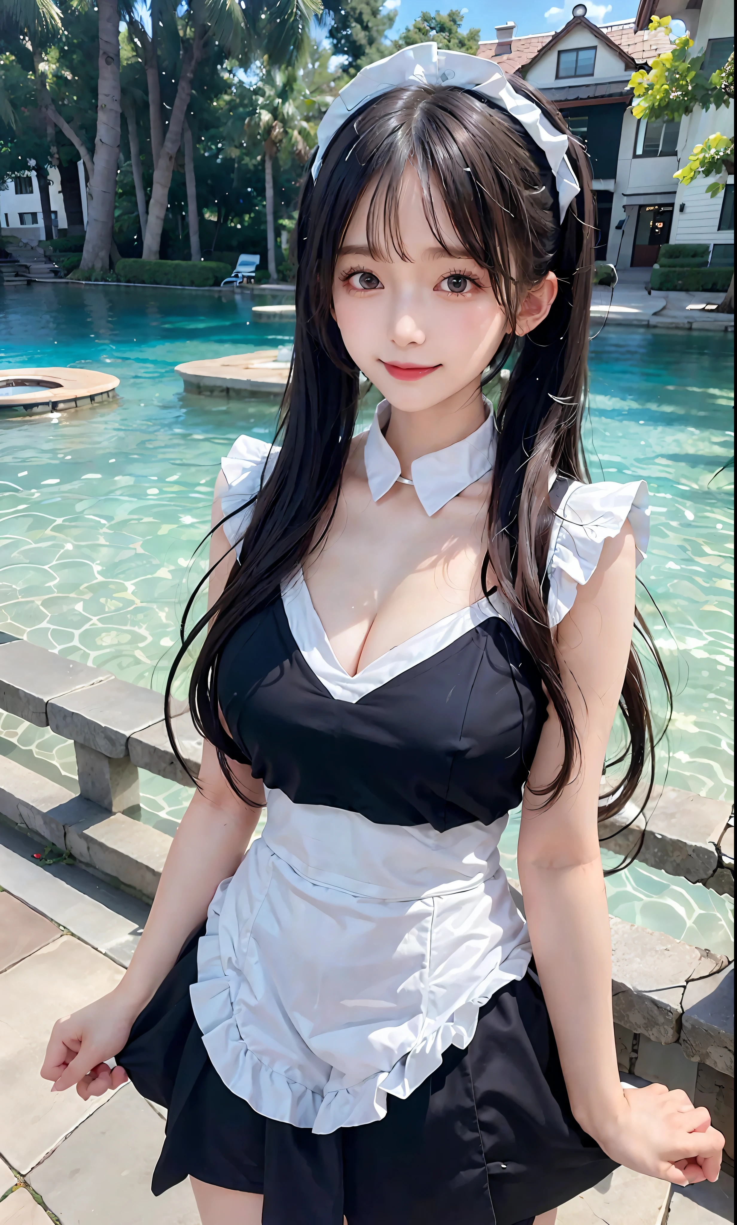 (Raw photo:1.2), (Photorealistic:1.4), Beautiful detailed girl, twin tails, swimsuit, highly detailed eyes and face, beautiful detailed eyes, smile, huge file size, ultra detail, high resolution, highly detailed, best quality, masterpiece, illustration, cg, unification, fantastic, fine detail, highly detailed cg uniform 8k wallpaper, light on face, movie lighting, girl, Sexy Pose, Maid