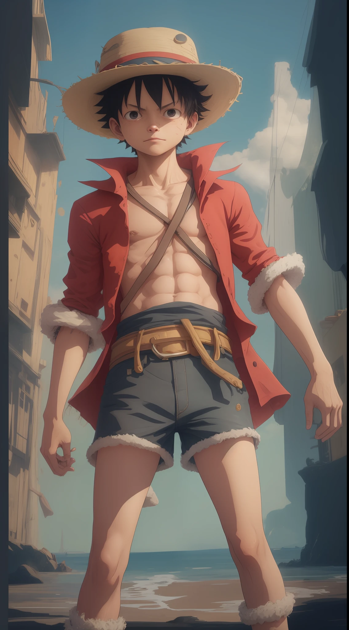 Luffy has black shaggy hair, round black eyes, and a slim muscular build. He is renowned for his trademark straw hat, which was lent to him when he was young by the legendary pirate captain, "Red-Haired" Shanks,[35] who in turn received it from Gol D. Roger.[43] Luffy wears an open, long-sleeved red cardigan with four buttons, with a yellow sash tied around his waist (somewhat reminiscent of Gol D. Roger's outfit). Luffy also has a (scar underneath his left eye), which he earned as  by stabbing his face to show Shanks that he was tough enough to be a pirate.[44]