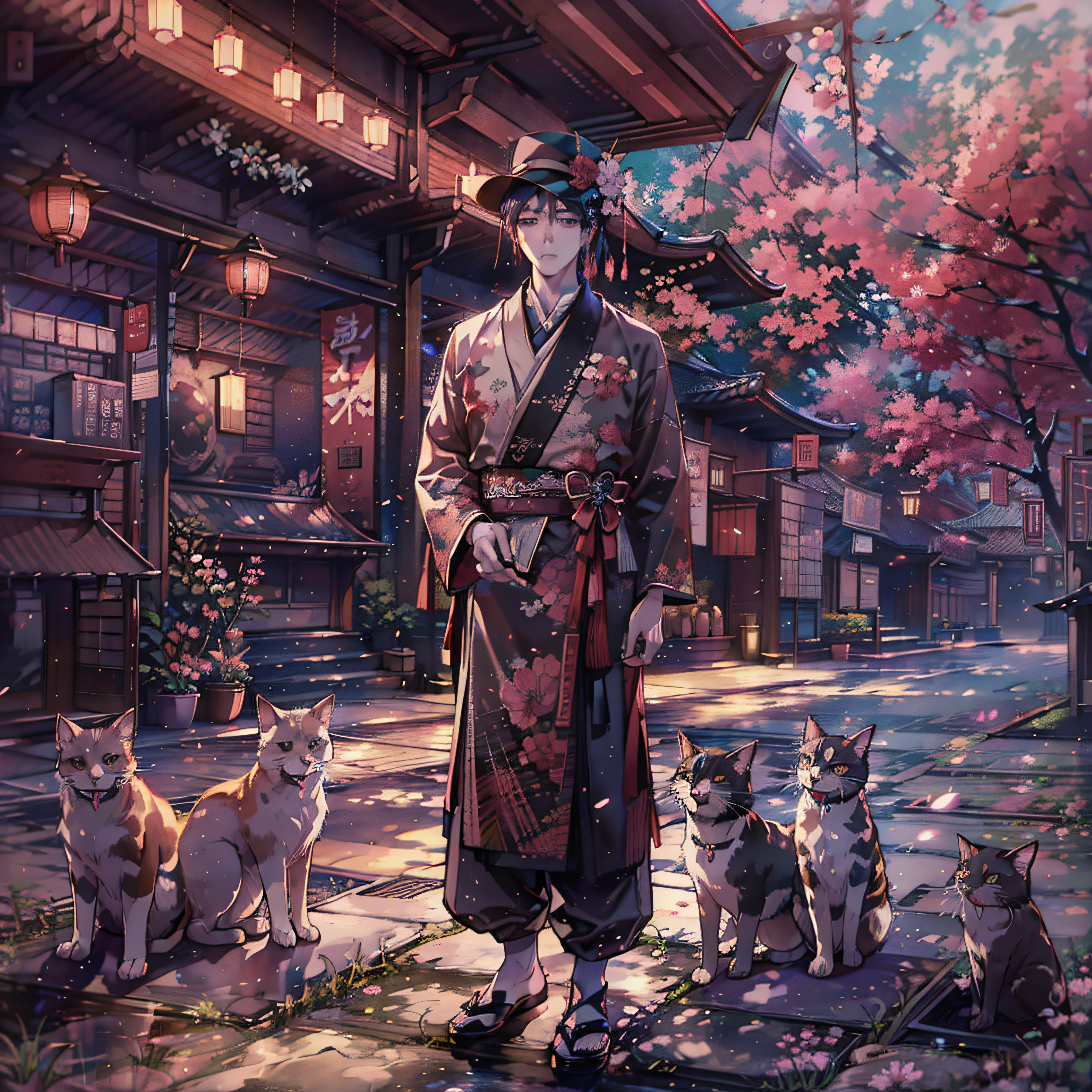 masterpiece、1 Youth、Young man with nervous expression、Young man with a melancholy expression、Young man in withered black suit and hat、Poor figure、Landscape with rusty shades、Old Japan landscape、kyoto、Meiji、Taisho、Taisho romance、stone pavement、Cats、top-quality、hightquality、Highly detailed CG Unity 8K wallpapers、art stations、Digital Illustration、with an intricate、trending、awardwinning photo、depth of fields、nffsw、chromatic abberation、真实感、A highly detailed、trends in the art station、CGsociety Trends、with an intricate、high detal、Dramatic、 8K, 16 K, top-quality, photon maping, Radio City, Photorealsitic, Elaborate CG, Physically Based Rendering, ultra realistic realistic textures, unrealengine5, motion angles、cinematlic lighting, Dramatic Writing, Professional Writing,