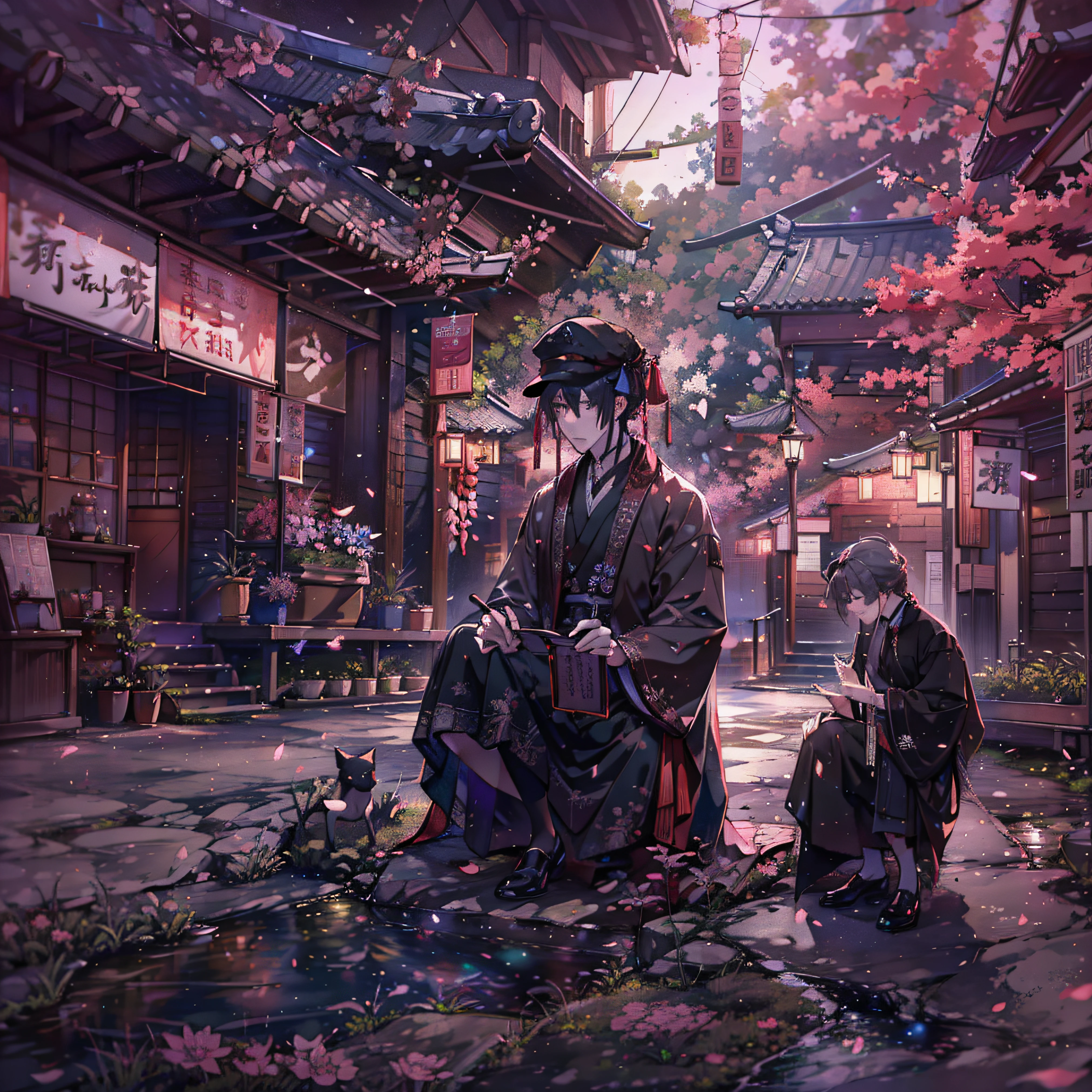 masterpiece、1 Youth、Young man with nervous expression、Young man with a melancholy expression、Young man in withered black suit and hat、Poor figure、Landscape with rusty shades、Old Japan landscape、kyoto、Meiji、Taisho、Taisho romance、stone pavement、Cats、top-quality、hightquality、Highly detailed CG Unity 8K wallpapers、art stations、Digital Illustration、with an intricate、trending、awardwinning photo、depth of fields、nffsw、chromatic abberation、真实感、A highly detailed、trends in the art station、CGsociety Trends、with an intricate、high detal、Dramatic、 8K, 16 K, top-quality, photon maping, Radio City, Photorealsitic, Elaborate CG, Physically Based Rendering, ultra realistic realistic textures, unrealengine5, motion angles、cinematlic lighting, Dramatic Writing, Professional Writing,