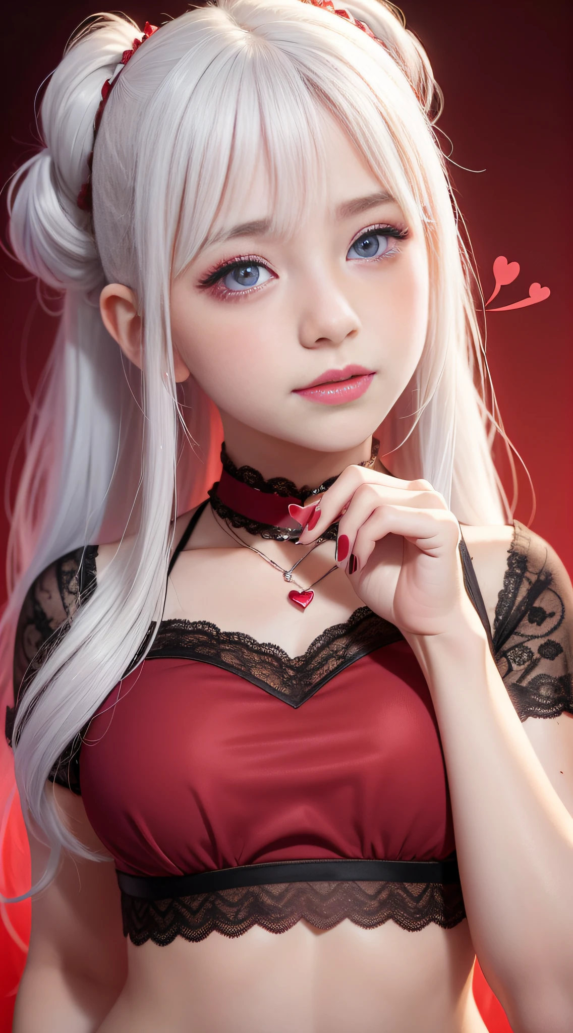 1girll, Heart-shaped pupils, finger nails, White hair, Purple eyes, (Blush:1.1), choker necklace, Upper body, Trembling, Sweat, drops of sweat, Heart, (Medium breasts:0.6), Love, Heart, Crop top, cheerfulness, Smile, Lace, Bokeh, (freckle:0.8), Natural skin texture, Portrait, (Red_Background:1.3),