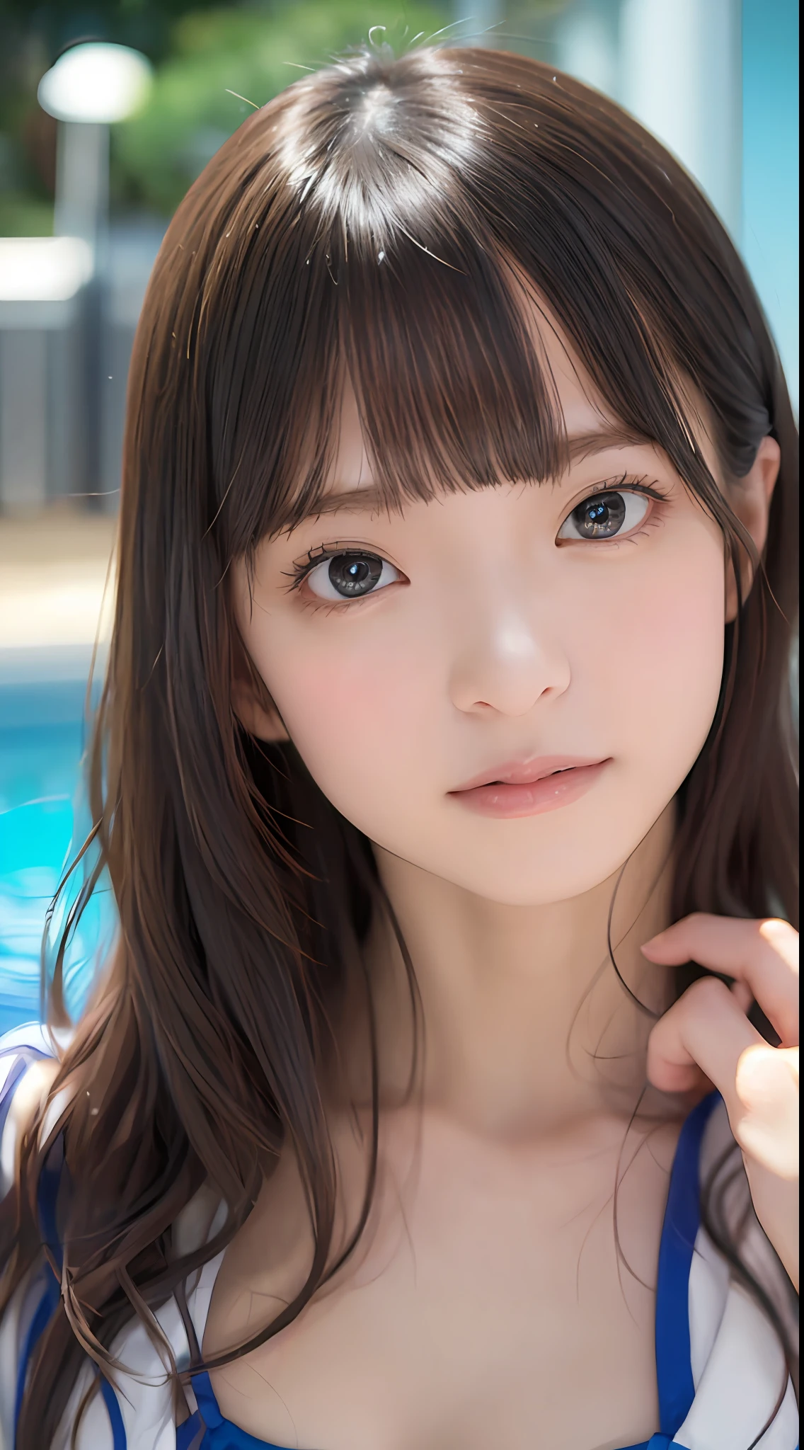 masterpiece、one beautiful women、A detailed face、A detailed eye、Detailed skin、top-quality、japanes、hi-school girl、idol、Costume is a swimsuit、Background is the pool at night、short-cut、black eyes、The hair color is only partially bright light blue、Illuminated from the front with bright lighting、profetional lighting、Facing straight ahead、