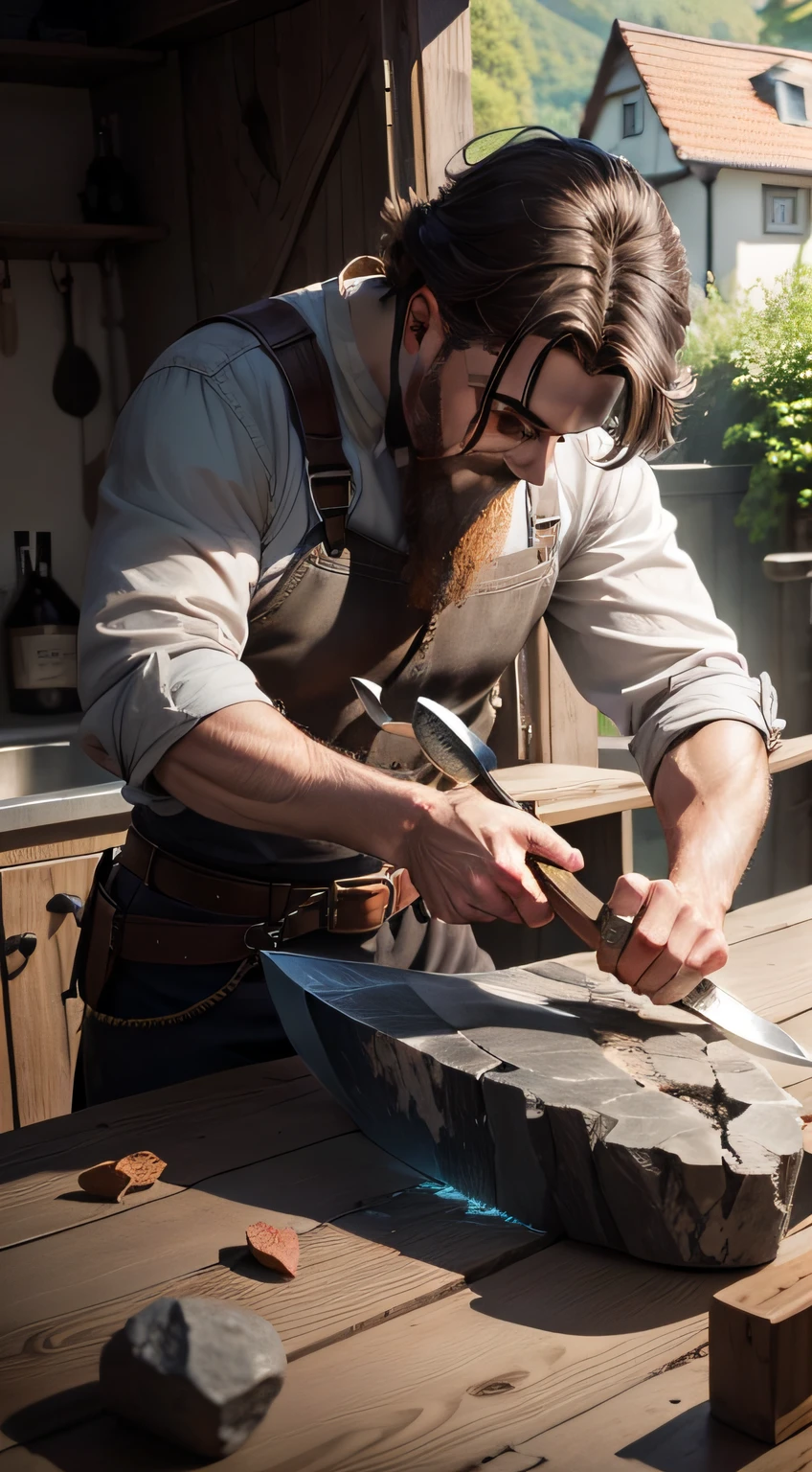 hands, Sharpening the axe edge of an axe with a stone, nahe Ansicht , dramatisch, dunkle Belichtung, wenig farben