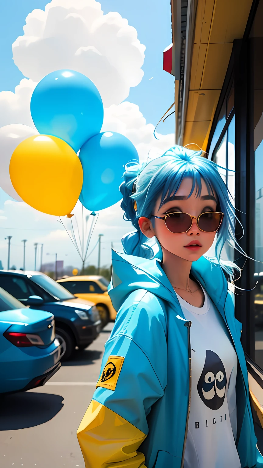 Loli girl, beautiful and cute, wearing blue sunglasses, yellow jacket, white sweatshirt, lots of colorful balloons, , chibi style, red and blue two-color hair, ponytail braided hair, perfect detail eyes, delicate face, perfect CG, HD picture quality, colorful balloons, sky, a white truck parked in front of a building,