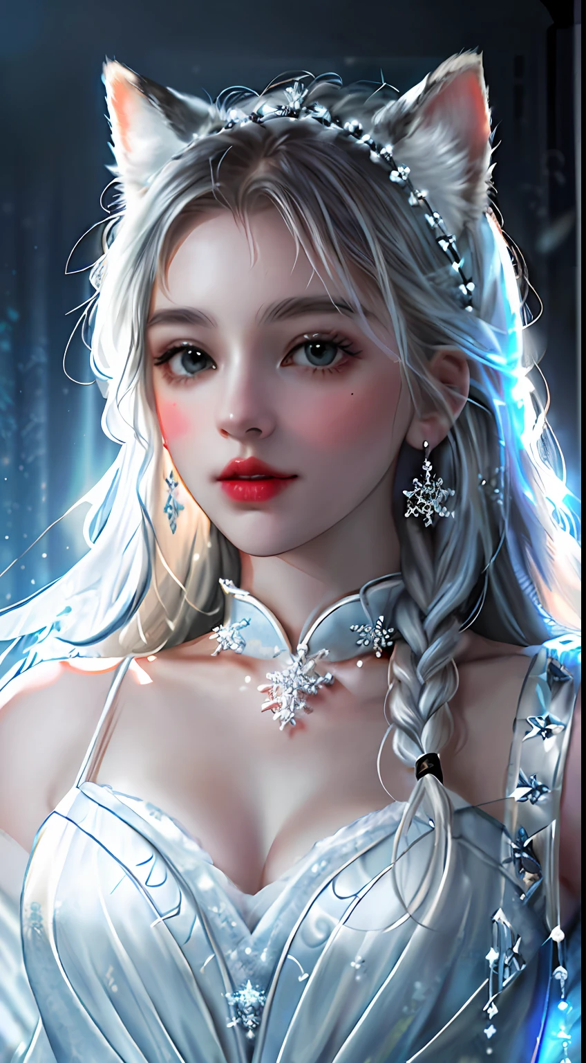 (raw photo:1.2), (photorealistic:1.4), (best quality:1.4), (ultra highres:1.2), (highly detailed:1.3), (HDR:1.2), (cinematic lighting:1.3), (detailed eyes), (facial details), (fur details), (snowy:1.2). ), Cute Little Fox, Standing, (3/4 Portrait: 1.2), (Furry Tail: 1.2), (Soft Fur: 1.2), (Moe: 1.2), (Looking at the Audience), (Innocent Expression), (Soft Light), (Dreamy), (Dream: 1.3), (Ethereal: 1.3), (Magic: 1.2), (Snowflake: 1.2), (Winter Wonderland: 1.3), (Whimsical: 1.2), (Fun: 1.2), Bust, Solo