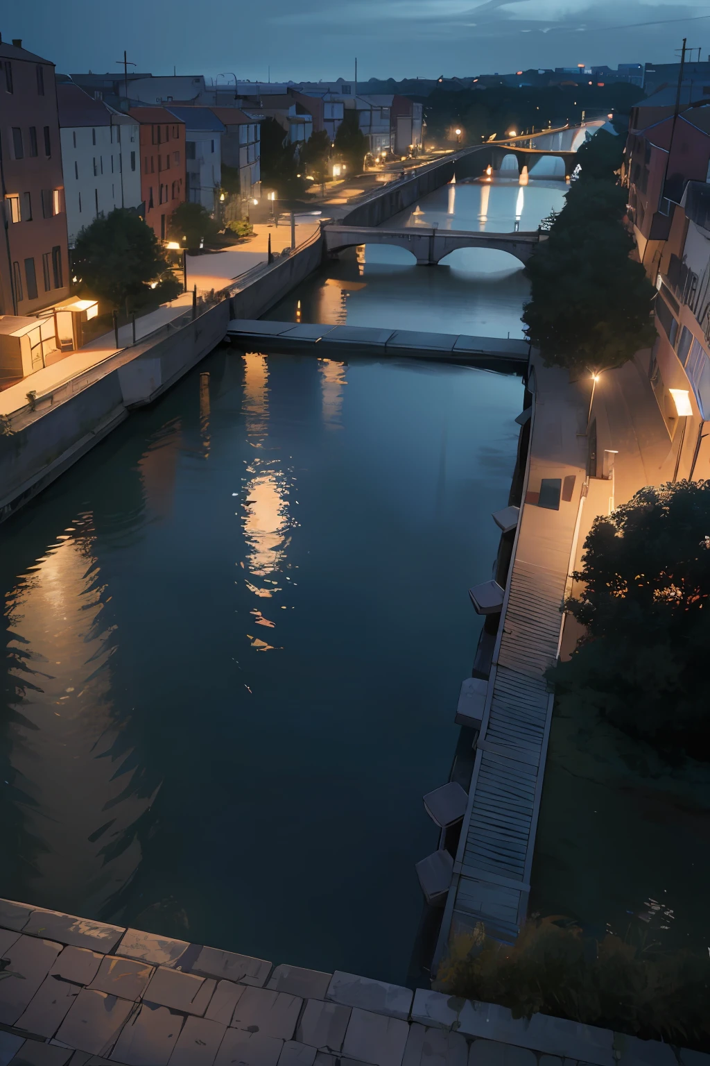 arafed view of a river with a bridge and buildings along it, cinematic shot ar 9:16 -n 6 -g, volumetric lighting from above, 8 k. volumetric lighting. dark, canal, soft filmic tonemapping, game engine lighting, rendered in corona, 8k hdr dusk light, cinematic light and reflections