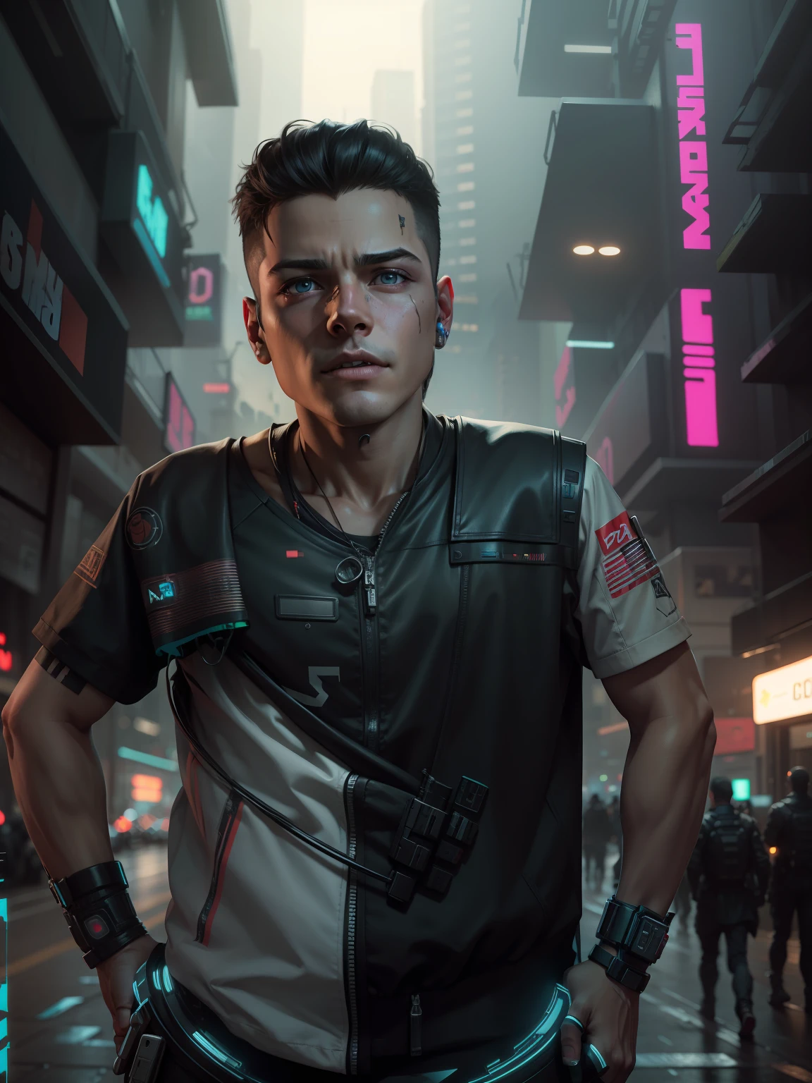 Change this background cyberpunk, realistic face,8k, ultra graphics, a boy