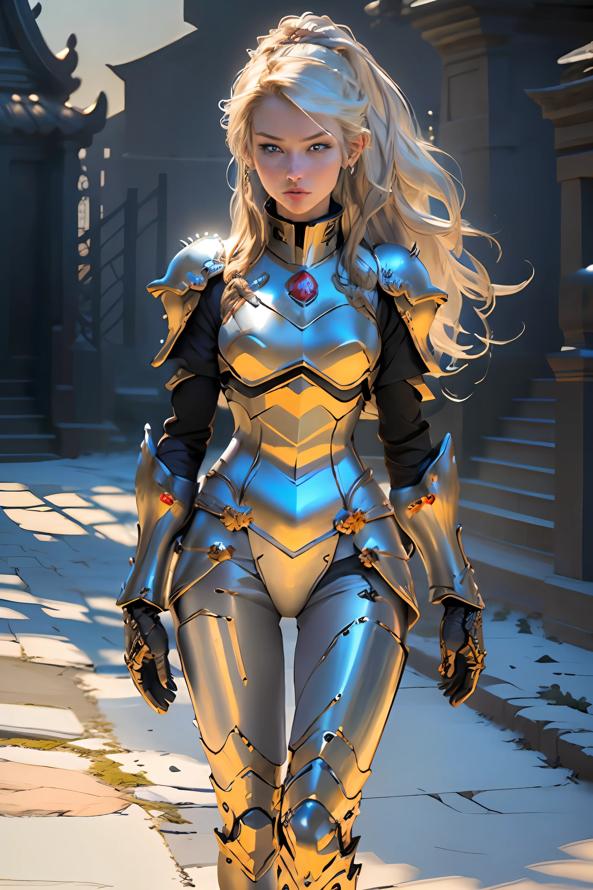 (8K, best quality:1.2), (masterpiece:1.37), (photo, photorealistic:1.37), (ultrahigh-res), full body, walking pose, shot from front, slow motion, female paladin wearing the full body, (light silver armour:1.2),(ornately decorated armor), (insanely detailed, bloom:1.5), (highest quality, Alessandro Casagrande, Greg Rutkowski, Sally Mann, concept art, 4k), (analog:1.2), (high sharpness), (detailed pupils:1.1), detailed face and eyes, Masterpiece, best quality, (highly detailed photo:1.1), (long blonde Hair, ponytail,ecstatic:1.1), (young woman:1.1), sharp, (perfect body:1.1), realistic, real shadow, 3d, (temple background:1.2), (by Michelangelo), photographed by Canan EOS R6, 135mm, 1/1250s, f/2.8, ISO 400