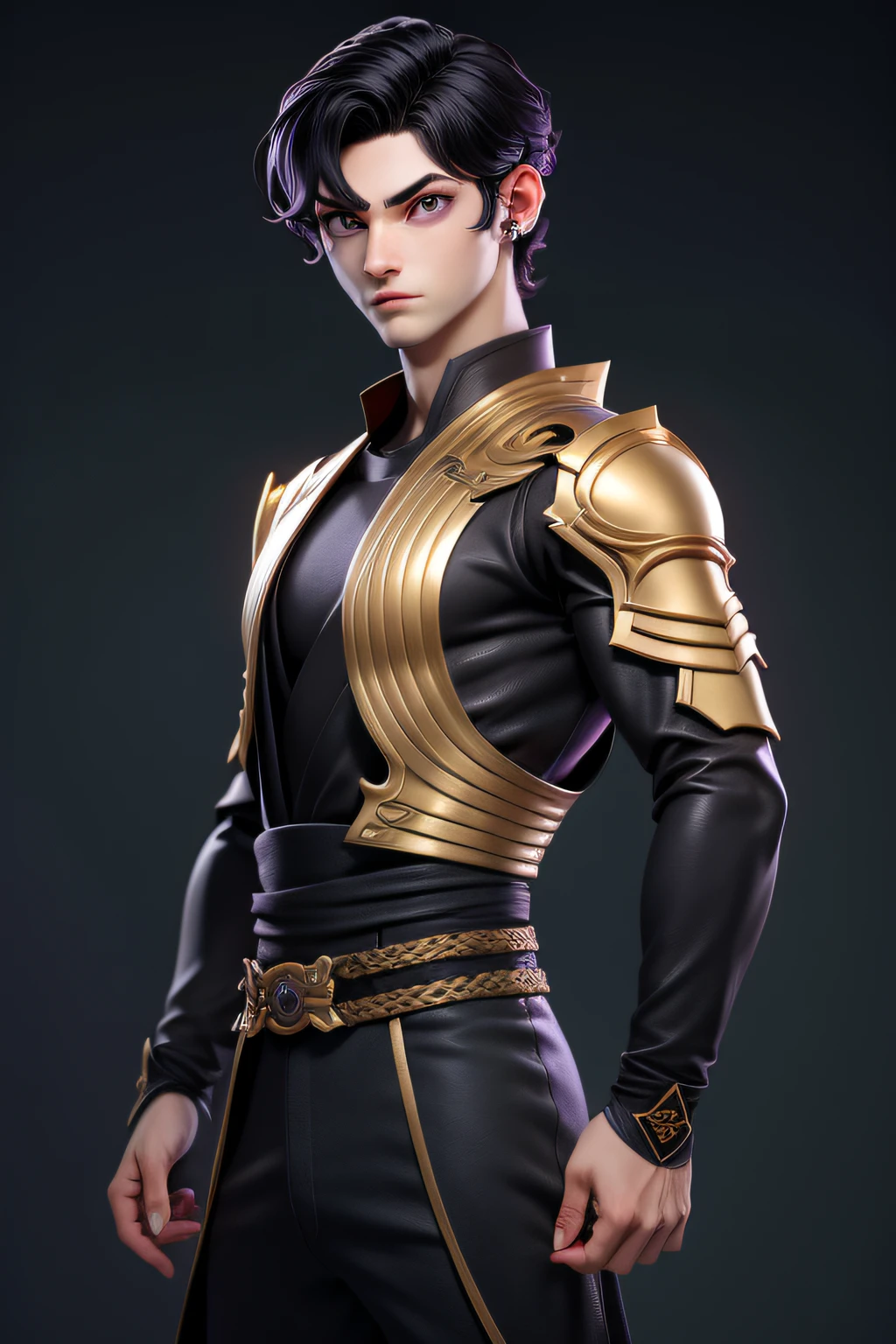 masterpiece, best quality, 1 boy, purple eyes, pale skin, black hair, wavy hair, short hair, gold earrings, japanese, black ninja clothes, simple background, solo, upper body