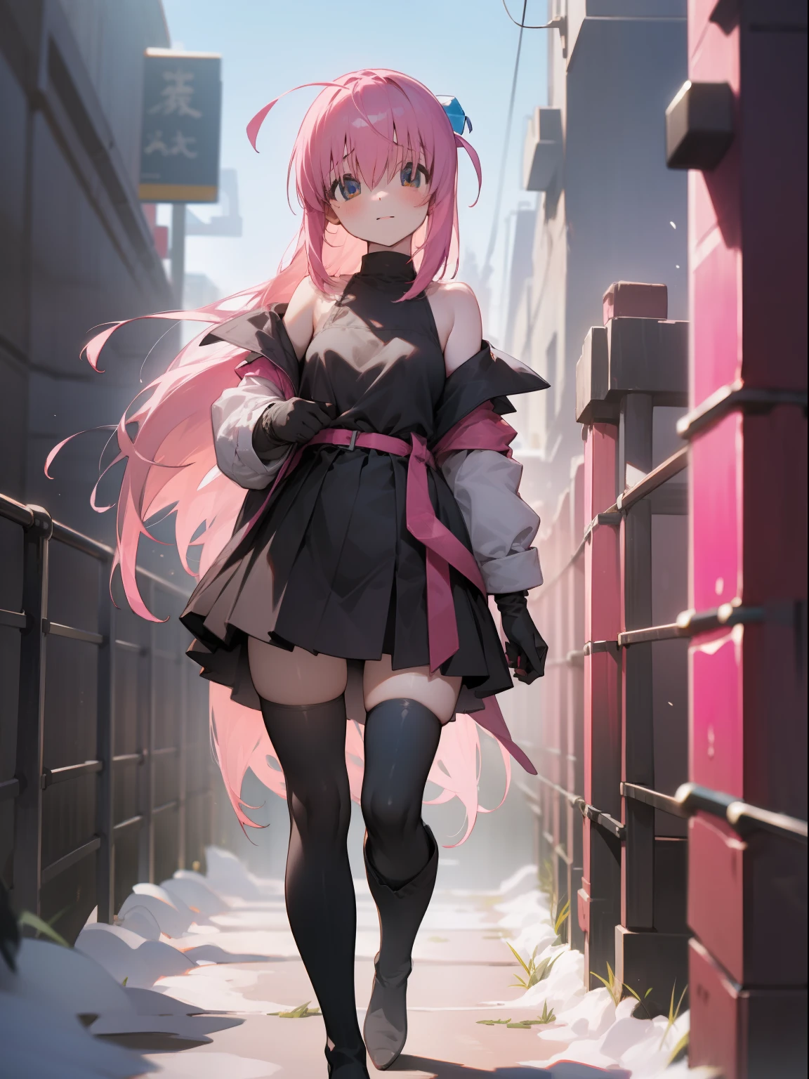 Bocchi, hitori gotoh, 1girl, pink hair, Winter clothes, full body, high quality, stockings, gloves, thigh high boots, best quality, masterpiece, (highly detailed:1.2), (extremely detailed:1.3), bare shoulders