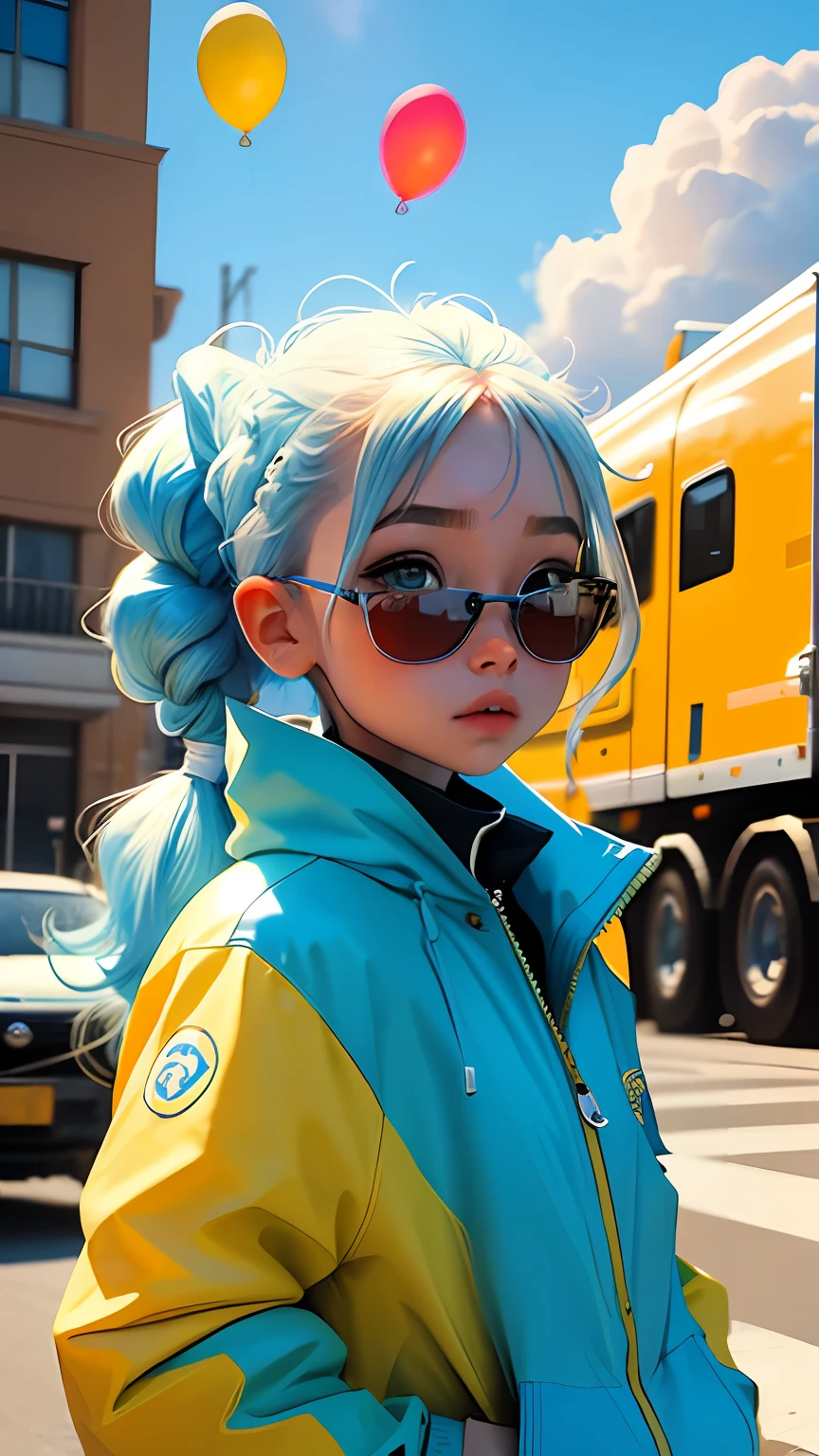 girl, beautiful and cute, wearing blue sunglasses, yellow jacket, white sweatshirt, lots of colorful balloons, baby face, chibi style, red and blue two-color hair, ponytail braided hair, perfect detail eyes, delicate face, perfect CG, HD picture quality, colorful balloons, sky, a white truck parked in front of a building,