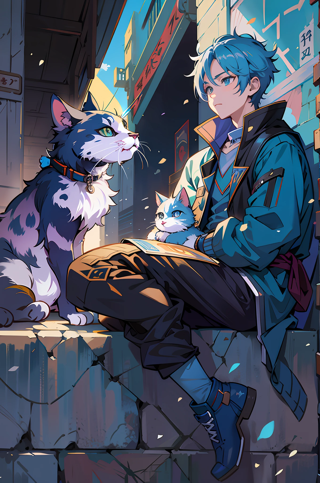 Anime boy sitting on a ledge with a cat next to him, trending on artstation pixiv, Digital anime illustration, estilo anime 4K, Epic anime style, gato anime, illustration Anime style, Anime Art Wallpaper 8K, Anime Art Wallpaper 4K, Anime Art Wallpaper 4K, por Shitao, Jazza e Rossdraw, 2 d estilo anime