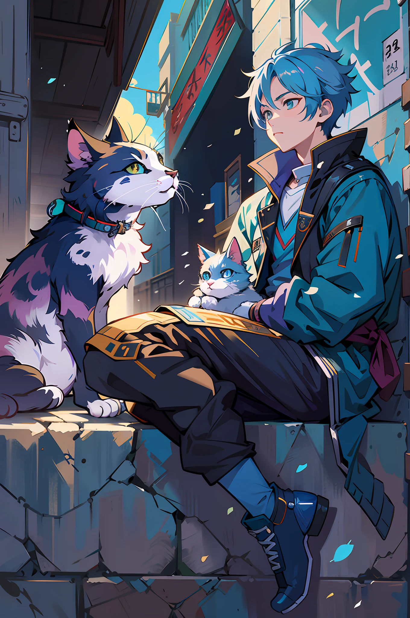 Anime boy sitting on a ledge with a cat next to him, trending on artstation pixiv, Digital anime illustration, estilo anime 4K, Epic anime style, gato anime, illustration Anime style, Anime Art Wallpaper 8K, Anime Art Wallpaper 4K, Anime Art Wallpaper 4K, por Shitao, Jazza e Rossdraw, 2 d estilo anime
