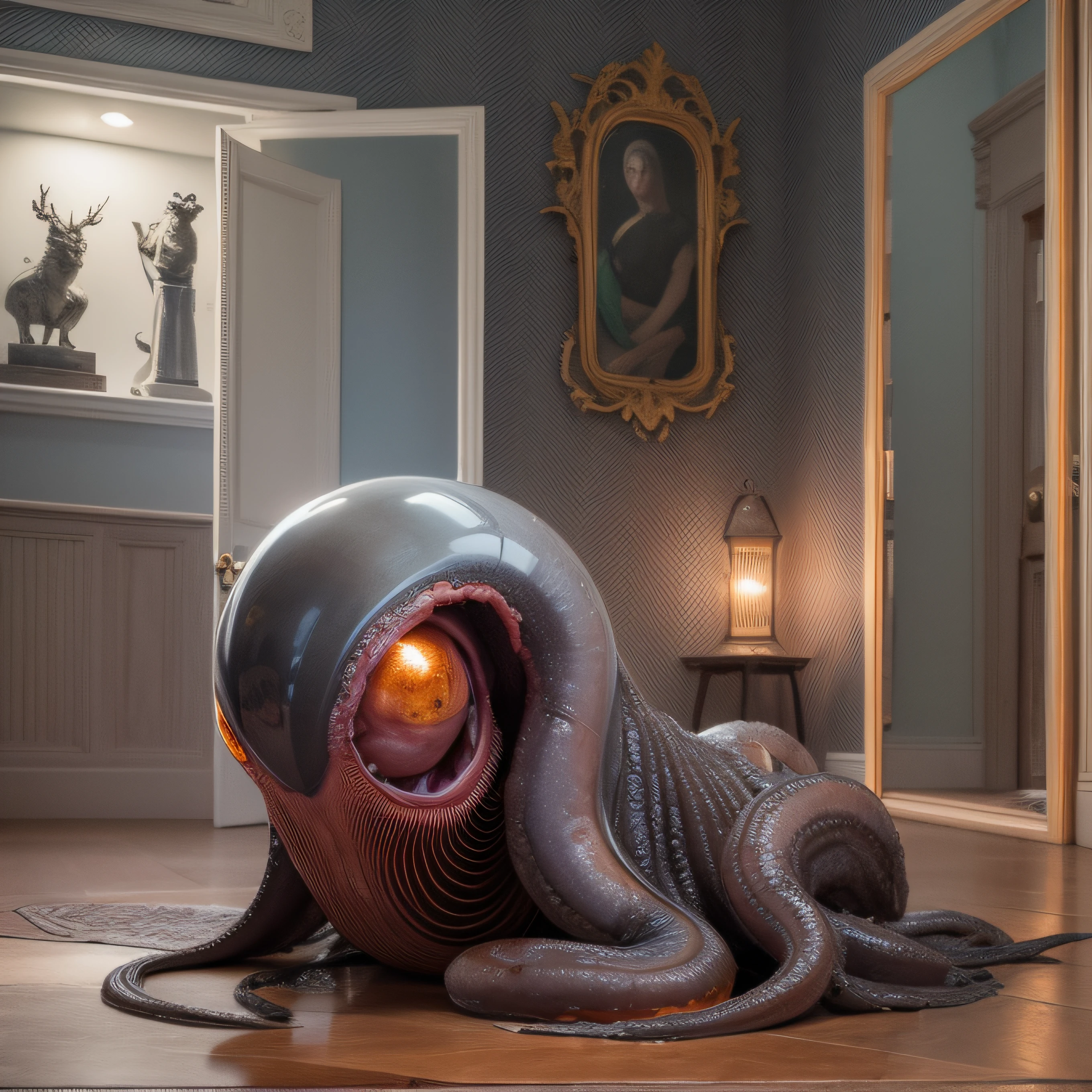 (extremadamente detallado, obra maestra, La mejor calidad), Estilo oscuro, intense illumination, rostro con arrugas, lengua larga, tentacle, deforme, monstruoso, interior de una piscina de agua verdosa, imagen submarina, alien con Colmillos finos, pico de pulpo amenazante. manchas de tinta. Rococo composition. Luz de caravaggio