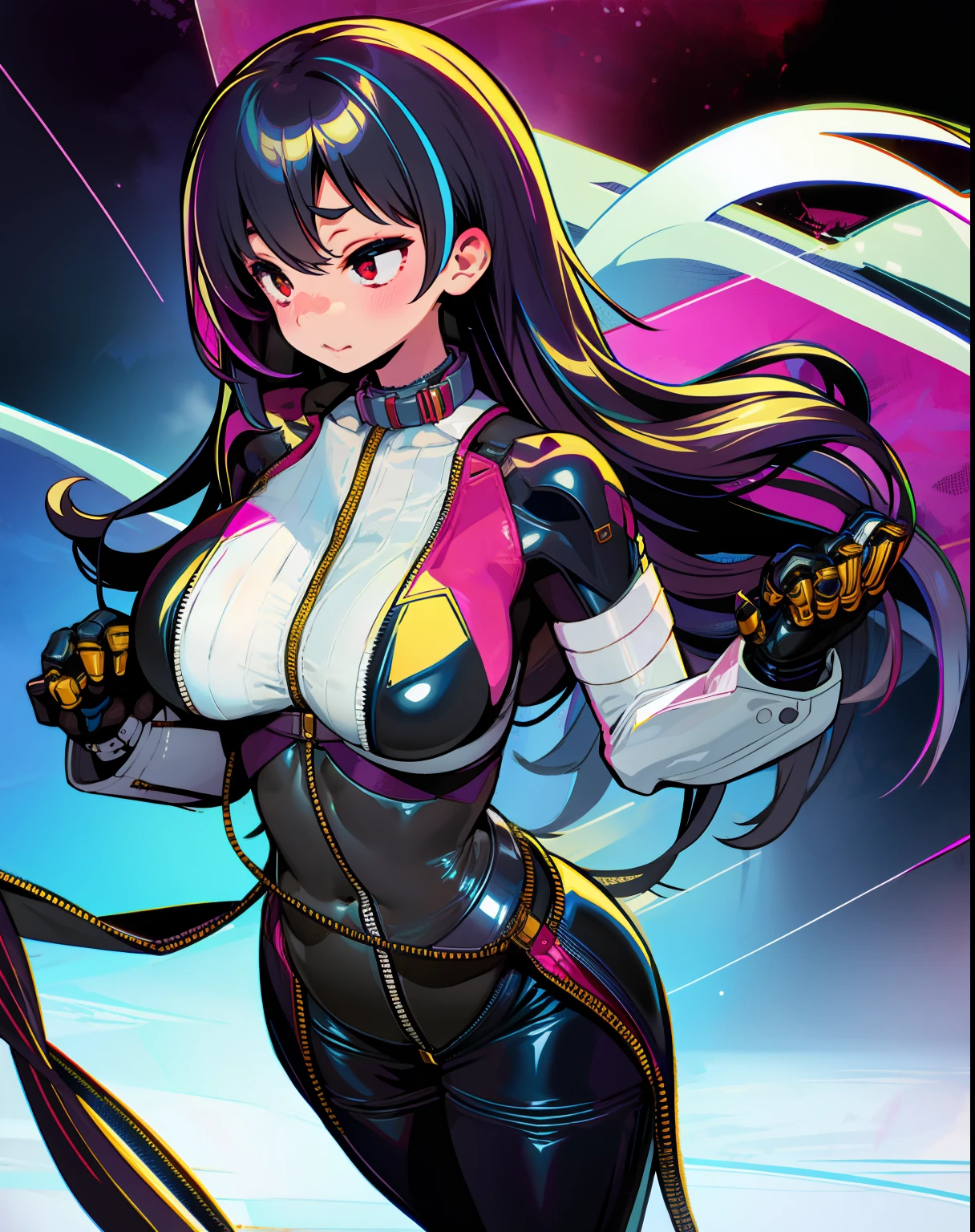 (tmasterpiece,Best quality at best,A high resolution)Luminous trajectory,vivd colour,Chained,1 rapariga,huge tit,Stand still,Gel coat,Paintwork,plethora of colors,独奏,tightsuit,mitts,Collar,锁链,zippers,see-through transparent clothes,Dewy,Gynecological figure,Collar,musculature,large tall