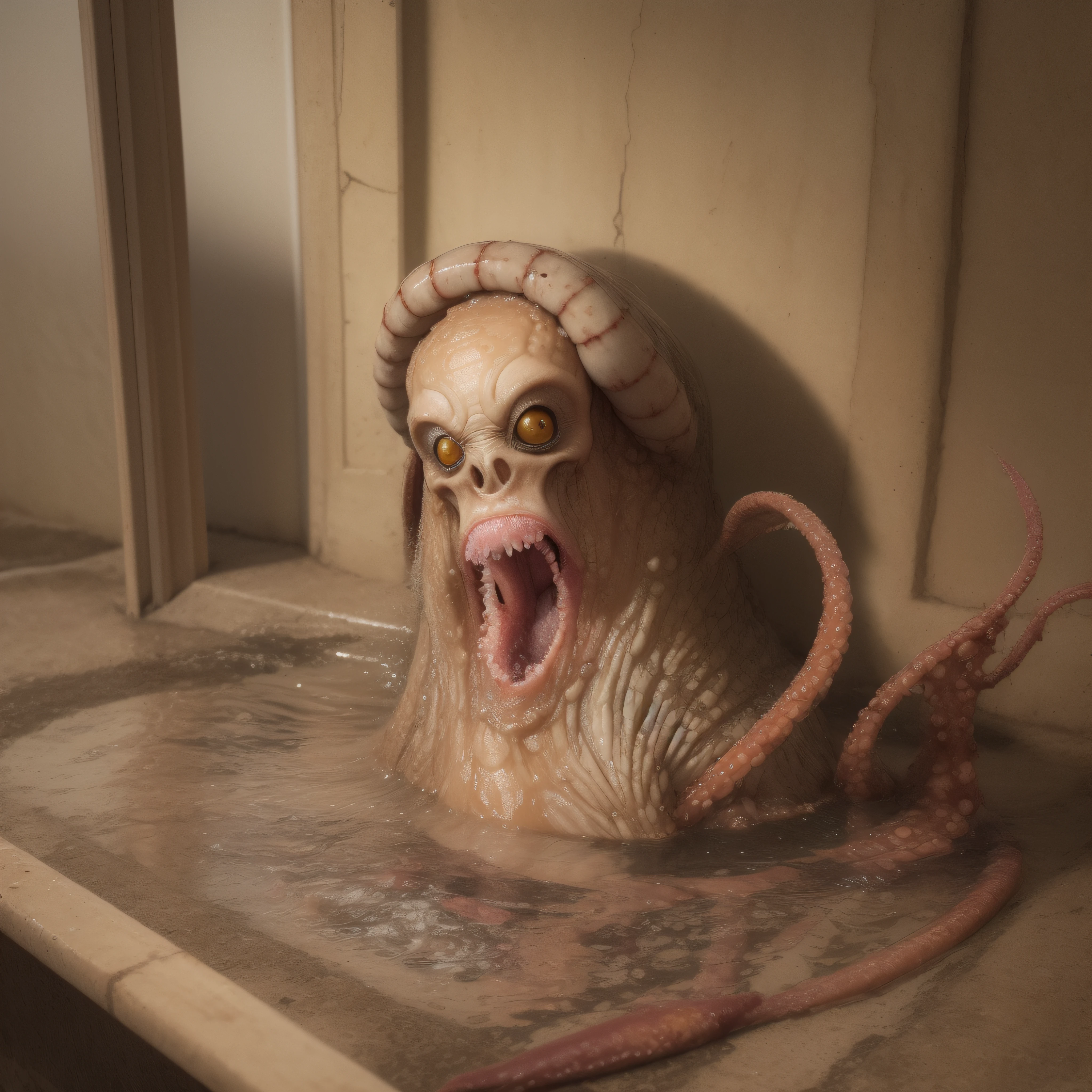 (extremadamente detallado, obra maestra, La mejor calidad), Estilo oscuro, intense illumination, rostro con arrugas, lengua larga, tentacle, deforme, monstruoso, interior de una piscina de agua verdosa, imagen submarina, alien con Colmillos finos, pico de pulpo amenazante. manchas de tinta. Rococo composition. Luz de caravaggio