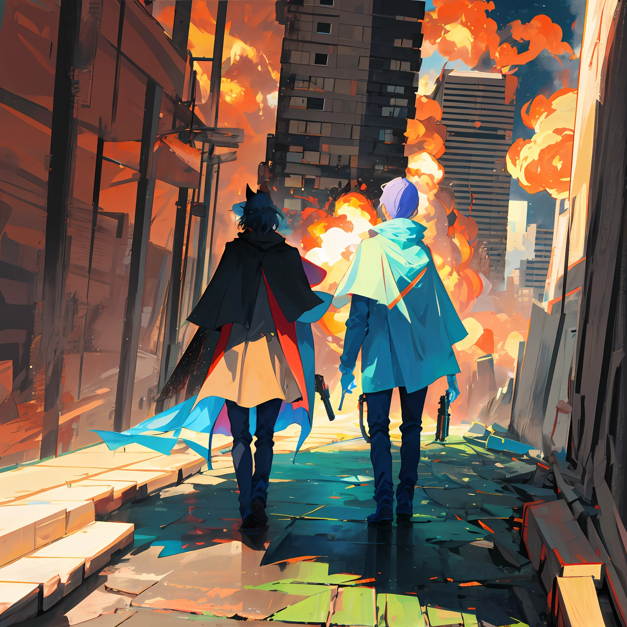 A cat in a cape carries a gun on his back，Behind him are the exploding buildings