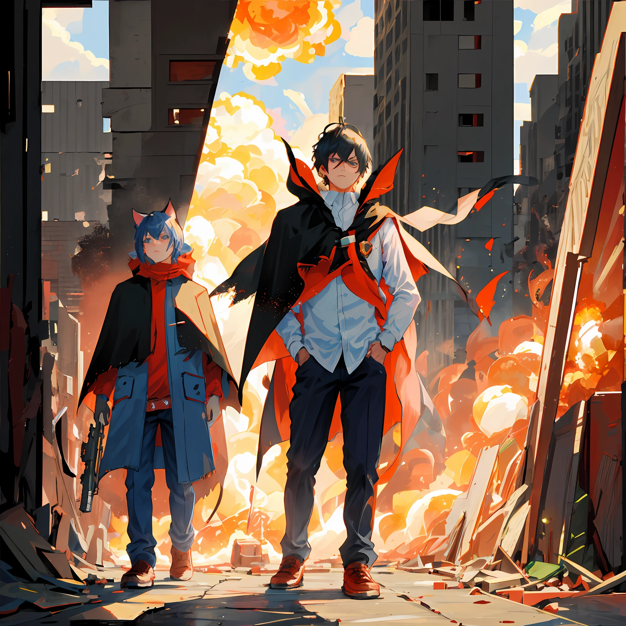 A cat in a cape carries a gun on his back,Behind him are the exploding buildings