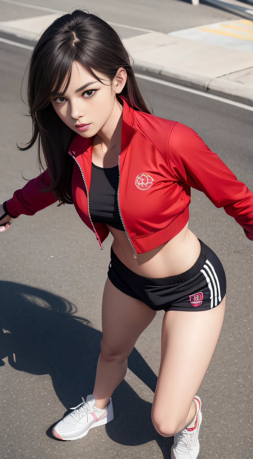 face lighting,bright backlight,medium breasts,super high resolution,best quality,Photos,4k,(Realistic:1.2),knolling,1girl,shoes,,solo,breasts,sneakers,(:1.2),long hair,jacket,(shoes removed:1.2),shorts,navel,lying,on back,looking at viewer,handgun,,full body,gym shorts,shirt,(completely :1.2),red jacket,barefoot,wooden floor,medium breasts,clothes removed,gun,from above,short shorts,sportswear,gym uniform,underwear,bag,lips,track jacket,weapon,