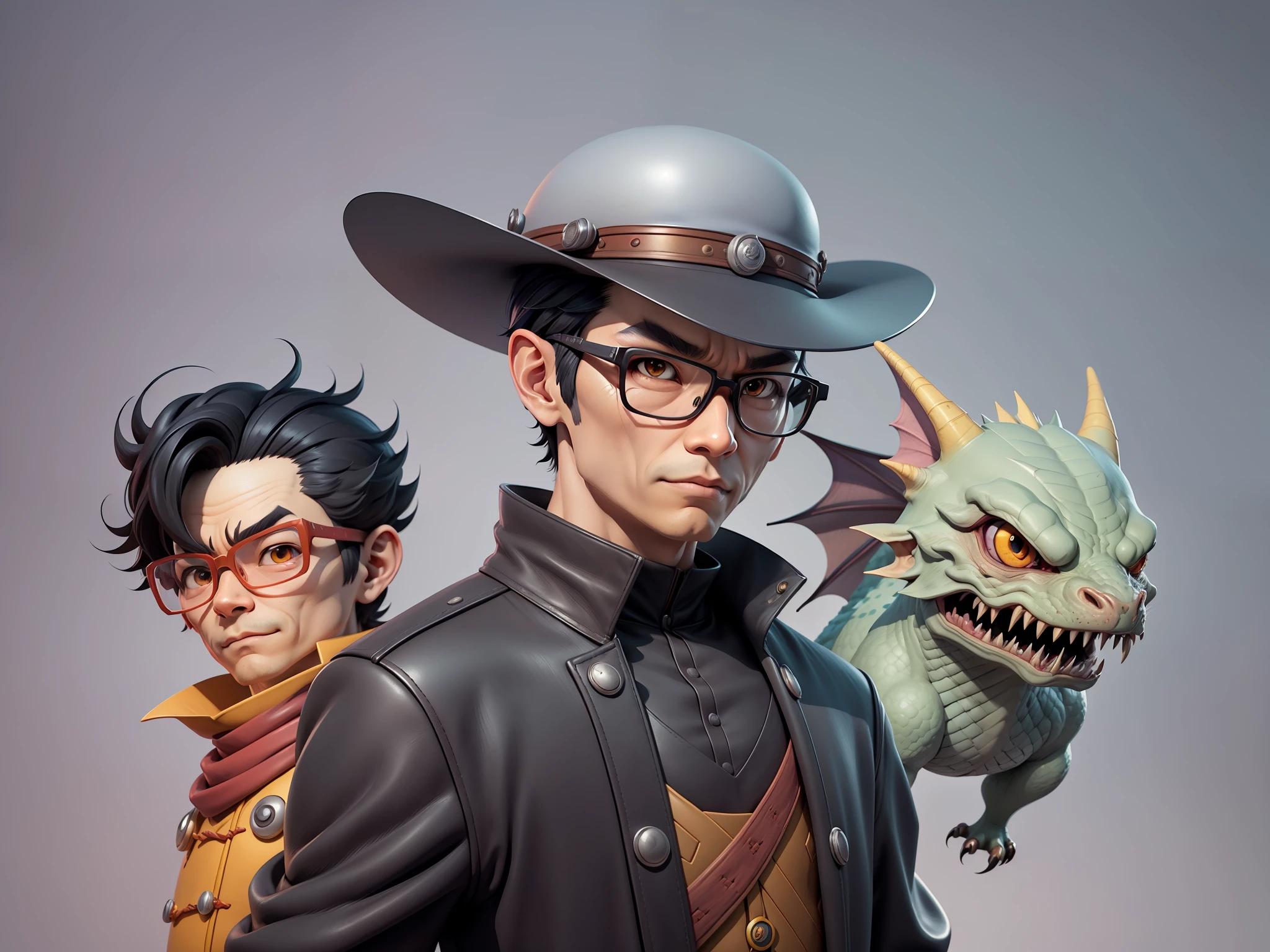 Young man with oriental face in leather hat, dragon, formal suit, short black hair, silver glasses, digital painting, 3D character design by Mark Clairedon and Pixar and Hayao Miyazaki and Akira Toriyama, the illustration is a high-definition illustration in 4K resolution with very detailed facial features and cartoon-style visuals.