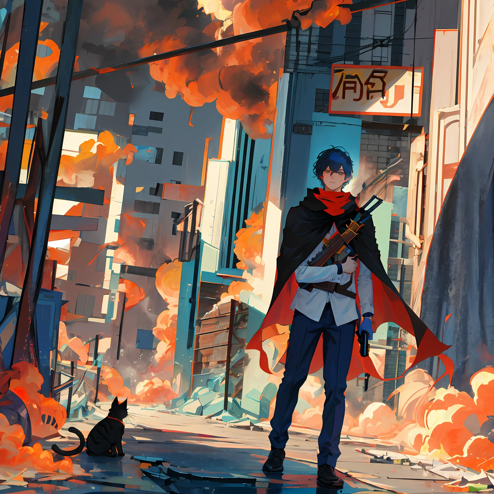 A cat in a cape carries a gun on his back，Behind him are the exploding buildings