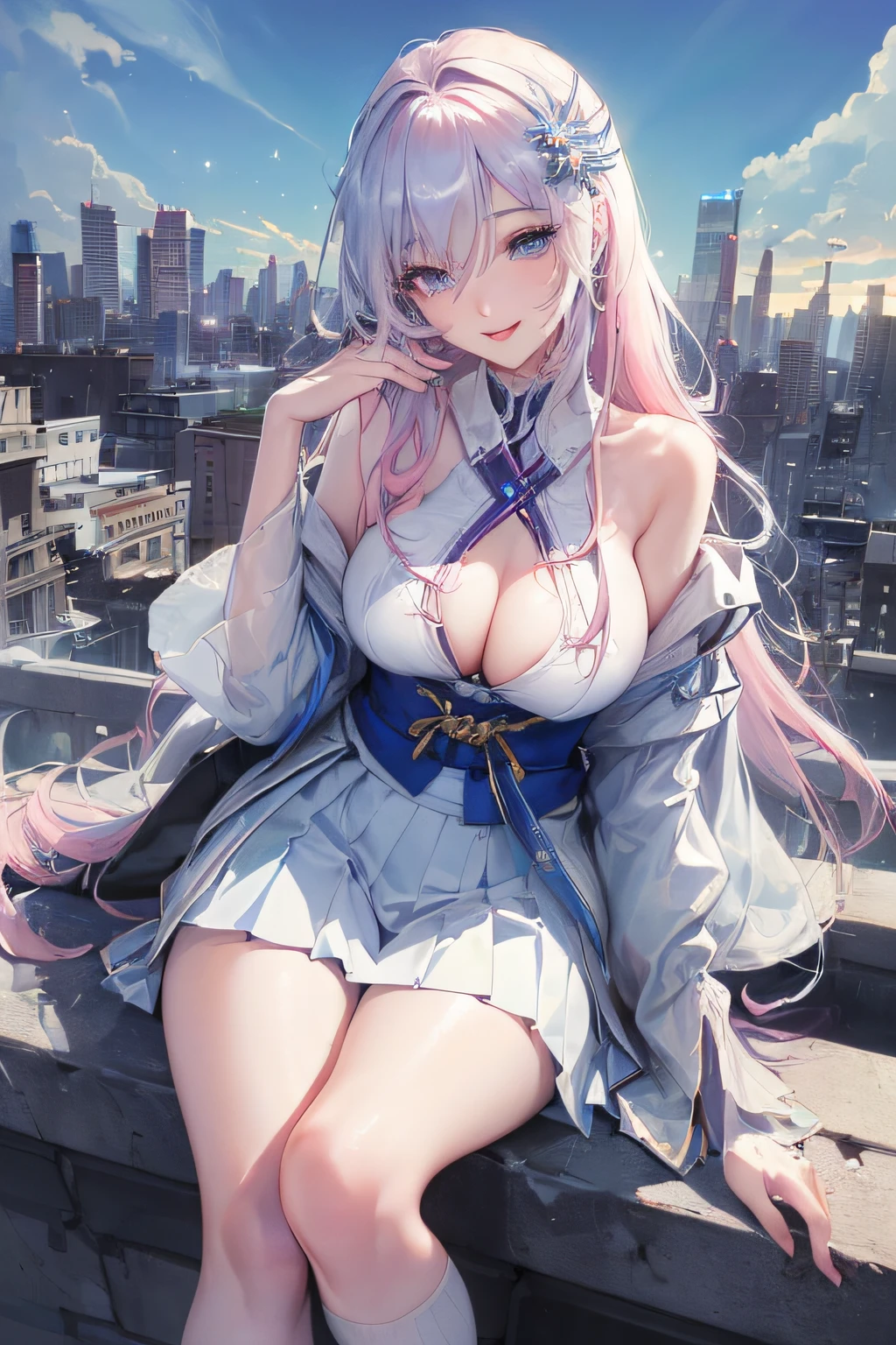 official art, masterpiece, sharp focus, (beautiful gorgeous cute Korean woman:1.3), (beautiful cute korean:1.3), korean beauty, Delicate and beautiful hair and eyes and face, realistic, ultra detailed, beautiful girl, blue sky, glow white particle, (sidelighting:1.2), sun light, white cloud, detailed clouds, slender, Lovely very large breasts and very large hips, smile with teeth, ((smile with eyes, open both eyes)), scenery, long straight hair, sexy facial expression, building, (cityscape:1.7), dynamic hair, long straight hair, detailed platinum pink hair, glow blue eyes, (blue pleated shirts + white skirt), white long socks, pale skin, hair ornament, epic scenery,