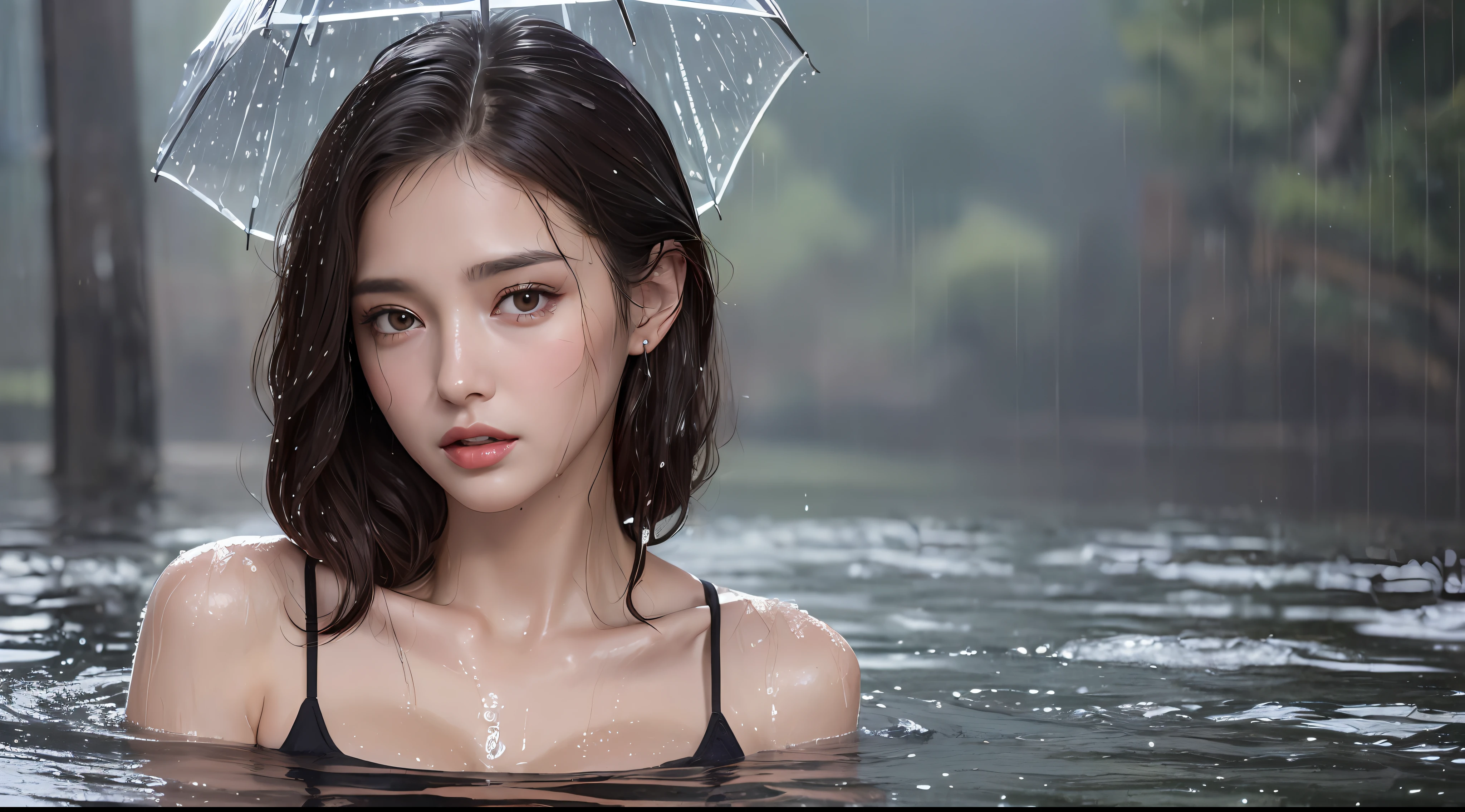 (Best quality, 4k, Masterpiece :1.3), pretty woman, 1girl, sexy :1.1, dark brown hair: 1.1, (rainy wet, wet from rain, wet body :1.2), white tank tops, ultra-detailed face, detailed lips, detailed eyes, double eyelid