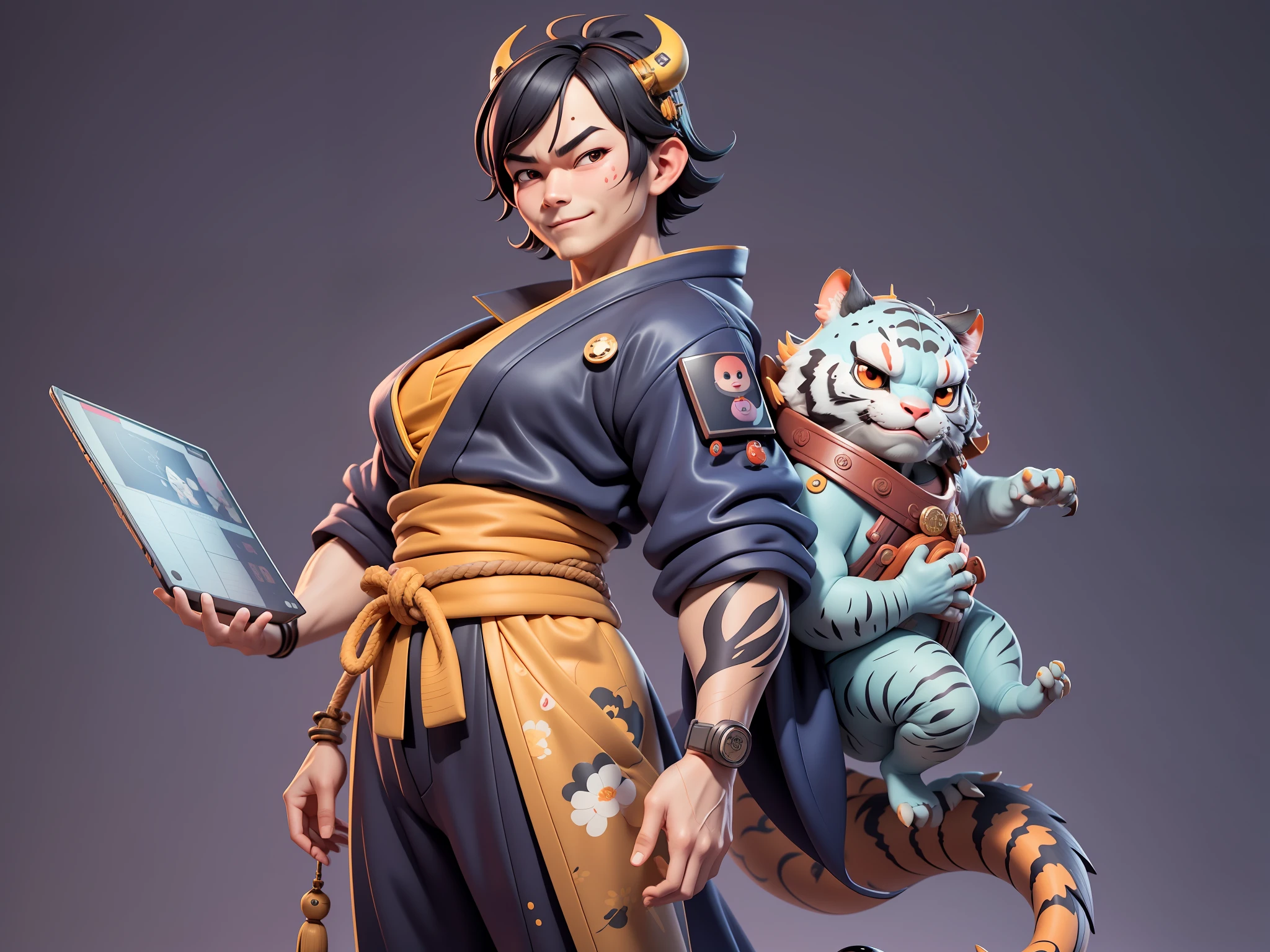 (Daisaku),(Need),(Super meticulous),(full bodyesbian:1.2),Japanese ukiyo-e girl,japanese geisha,Beautiful,Oriental dragon,one tiger,Aeolian Thor,Raised sexy,爆乳,Oriental face,TV Anchor,Bust portrait illustration,Alone,In black suit,a blue tie,The face is slightly chubby,The face was clean,without a beard,Black super short hair,Black eyes,Smile confidently,3C computer sub-products,iPad, iphone,Digital painting,3D character design by Mark Clairen and Pixar and Hayao Miyazaki and Akira Toriyama,The illustration is a high-definition illustration in 4K resolution,With very detailed facial features and cartoon-style visuals。