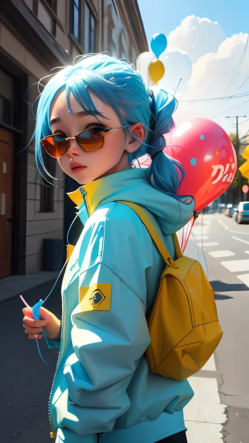 Loli girl, beautiful and cute, wearing blue sunglasses, yellow jacket, white sweatshirt, lots of colorful balloons, baby face, chibi style, red and blue two-color hair, ponytail braided hair, perfect detail eyes, delicate face, perfect CG, HD picture quality, colorful balloons, sky, a white truck parked in front of a building,