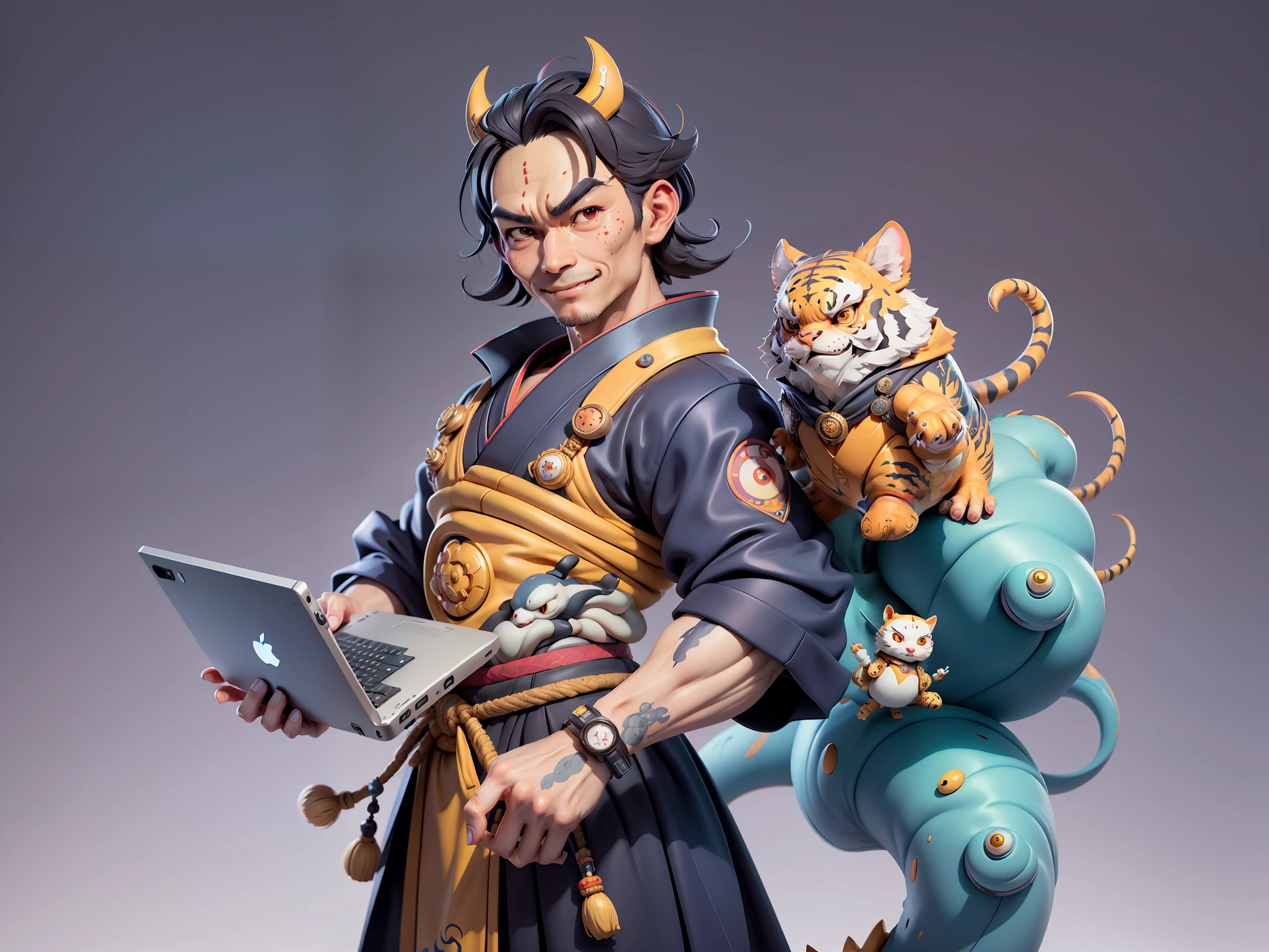 (Daisaku),(Need),(Super meticulous),(full bodyesbian:1.2),Japanese ukiyo-e girl,japanese geisha,Beautiful,Oriental dragon,one tiger,Aeolian Thor,Raised sexy,爆乳,Oriental face,TV Anchor,Bust portrait illustration,Alone,In black suit,a blue tie,The face is slightly chubby,The face was clean,without a beard,Black super short hair,Black eyes,Smile confidently,3C computer sub-products,iPad, iphone,Digital painting,3D character design by Mark Clairen and Pixar and Hayao Miyazaki and Akira Toriyama,The illustration is a high-definition illustration in 4K resolution,With very detailed facial features and cartoon-style visuals。
