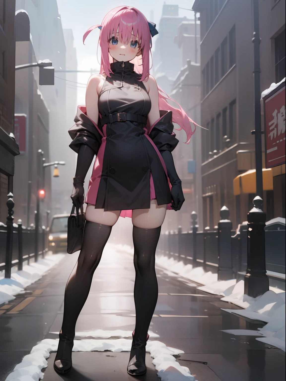 Bocchi, hitori gotoh, 1girl, pink hair, Winter clothes, full body, high quality, stockings, gloves, thigh high boots, best quality, masterpiece, (highly detailed:1.2), (extremely detailed:1.3), bare shoulders