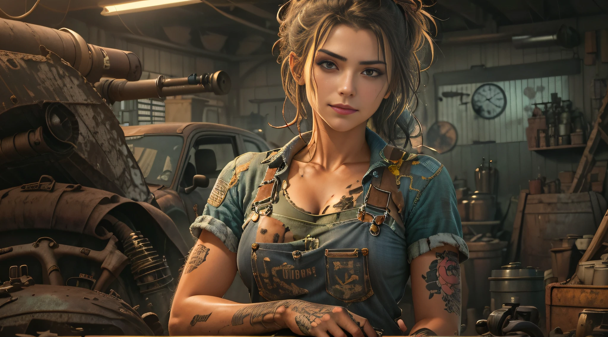 ((best quality)), ((masterpiece)), (detailed), mesmerizing and alluring female mechanic covered in grease,Confident smile,Look into the camera,(Dirty and rugged charm:1.2), (tough and confident demeanor:1.1), (mechanical expertise:1.3), disheveled hair, smudged face with a playful smirk, stained overalls clinging to her curves, (gritty tools of the trade:1.2), cluttered repair shop, scattered car parts, (authentic automotive ambiance:1.2), (intense gaze:1.1), gripping a wrench in her dirty hands, 8k resolution,looking at another, looking away,( tattoo:1.2), masterpiece, best quality,Photorealistic, ultra-high resolution, photographic light